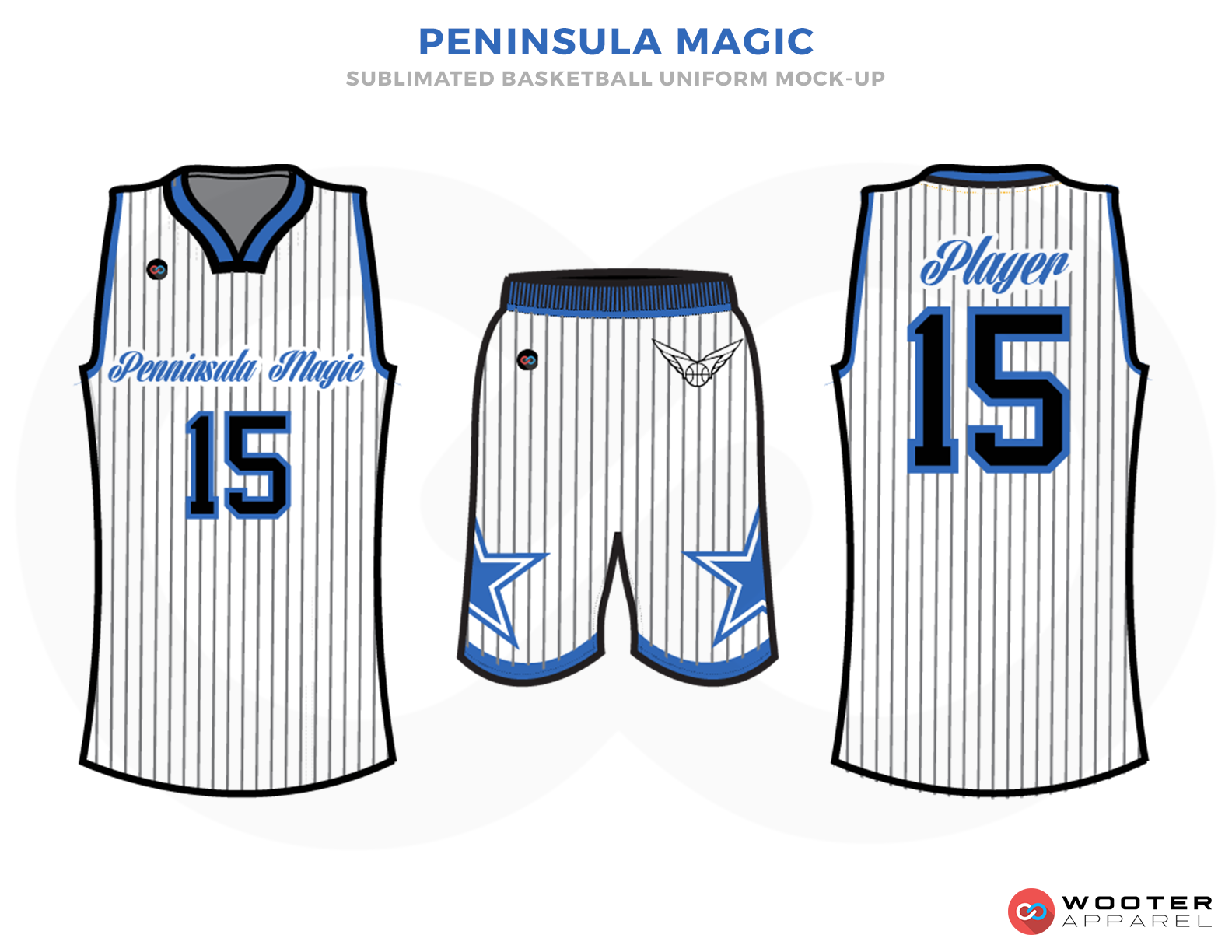 PENINSiLE MAGIC White Blue and Black Basketball Uniforms, Jersey and Shorts