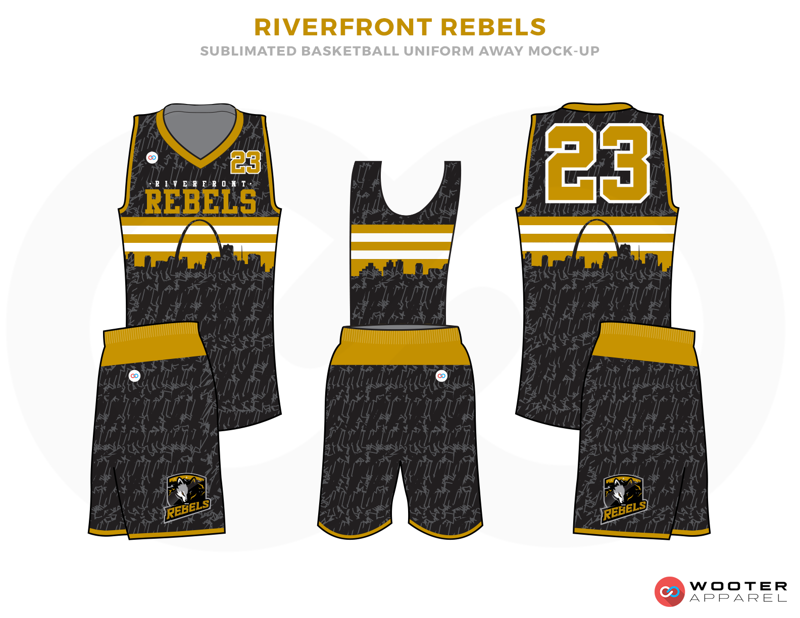 RIVERFRONT REBELS Black White and Yellow Basketball Uniforms, Jersey and Shorts