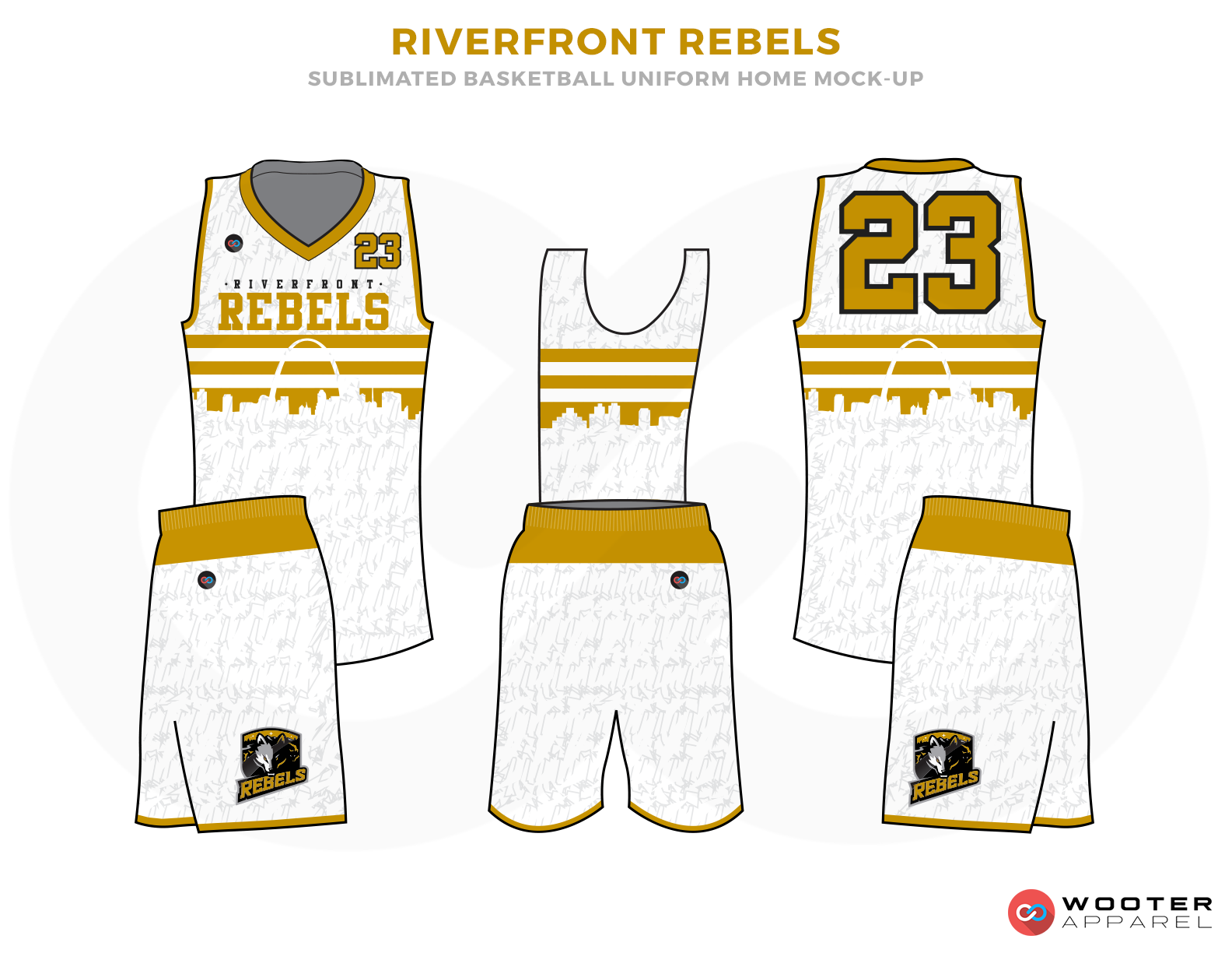 RIVERFRONT REBELS White Grey and Golden Basketball Uniforms, Jersey and Shorts