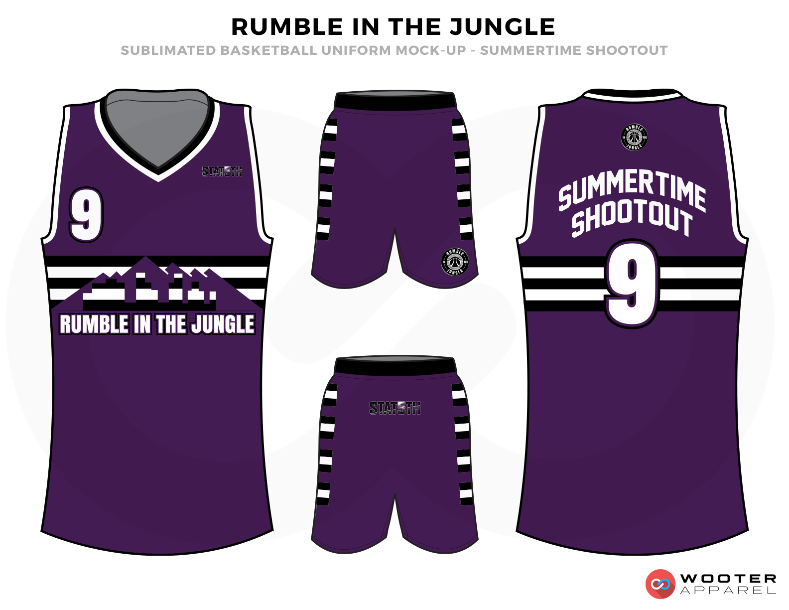 RUMBLE IN THE JUNGLE Purple White and Basketball Uniforms, Jersey and Shorts
