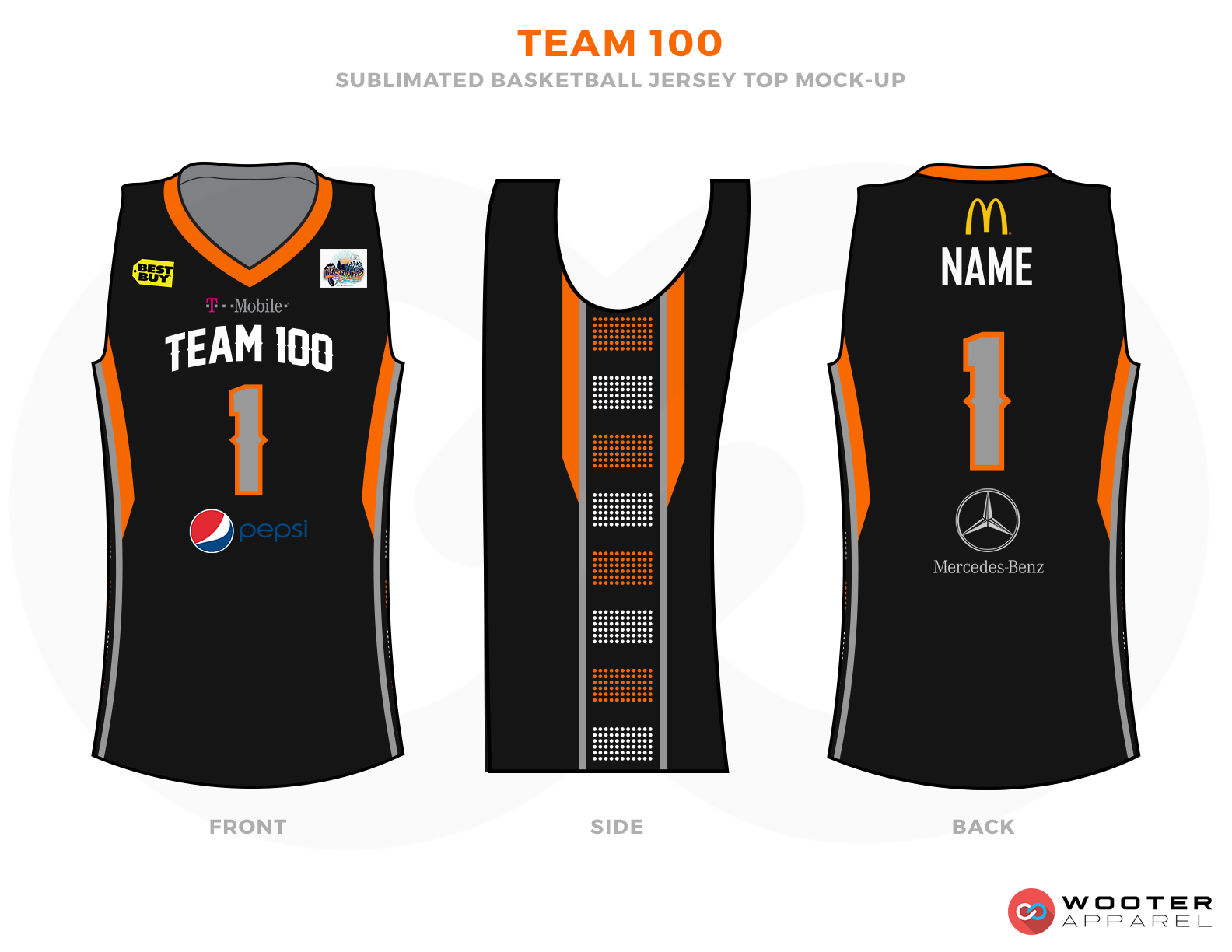 TEAM 100 Black Orange Brown Yellow Red Blue and White Basketball Uniforms, Jersey and Shorts