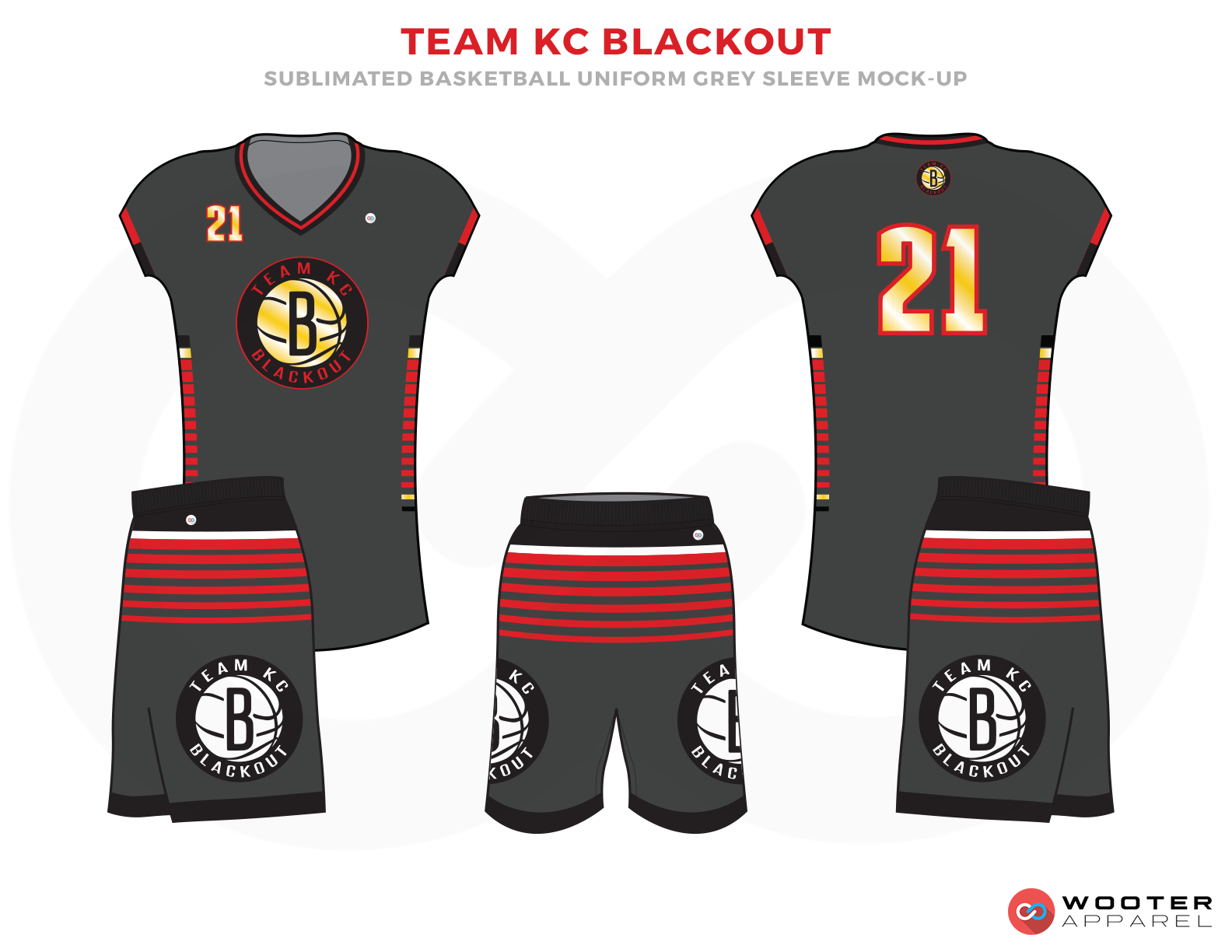 TEAM KC BLACKOUT Grey Black Red Yellow and White Basketball Uniforms, Jersey and Shorts