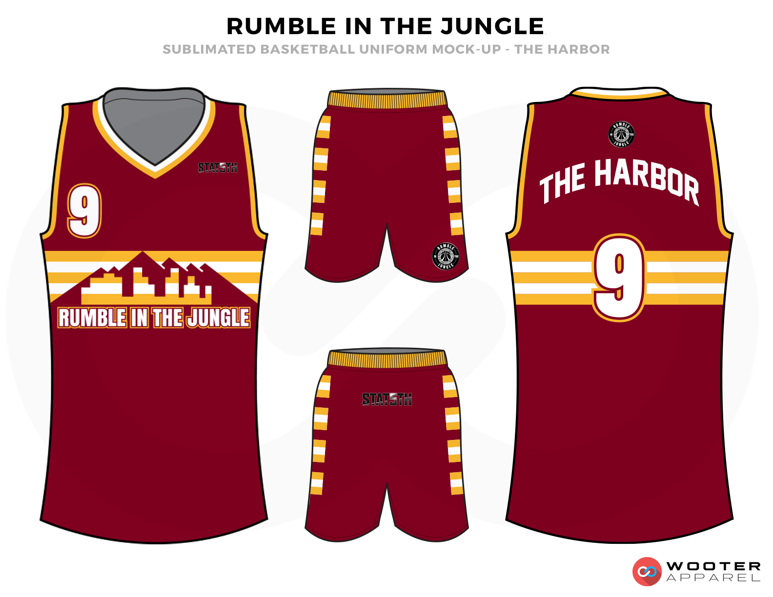 RUMBLE IN THE JUNGLE Red Yellow Black Grey and White Basketball Uniforms, Jersey and Shorts