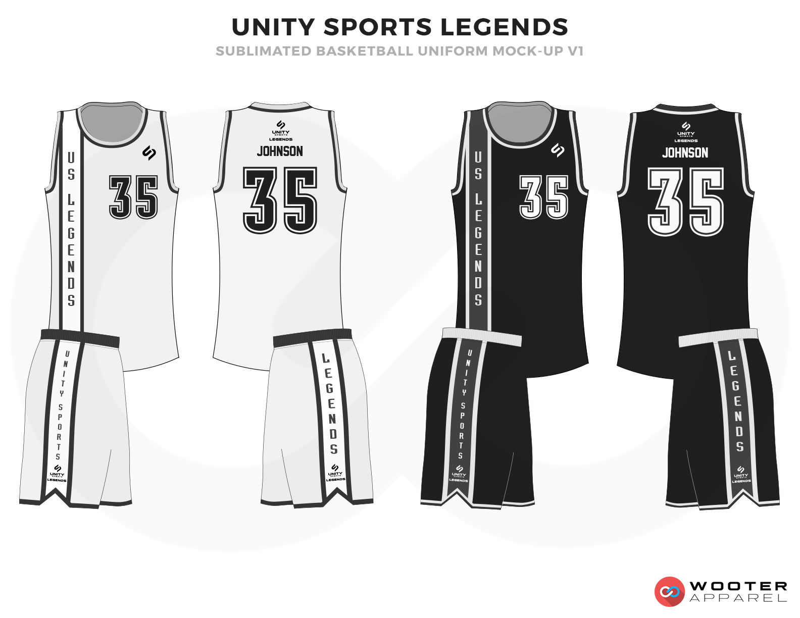 UNITY SPORTS LEGENDS Black and White Basketball Uniforms, Jersey and Shorts
