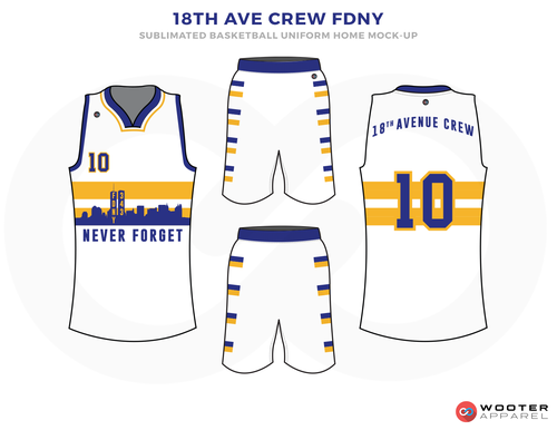 18TH AVE CREW FDNY White Yellow and Blue Basketball Uniforms, Jersey and Shorts