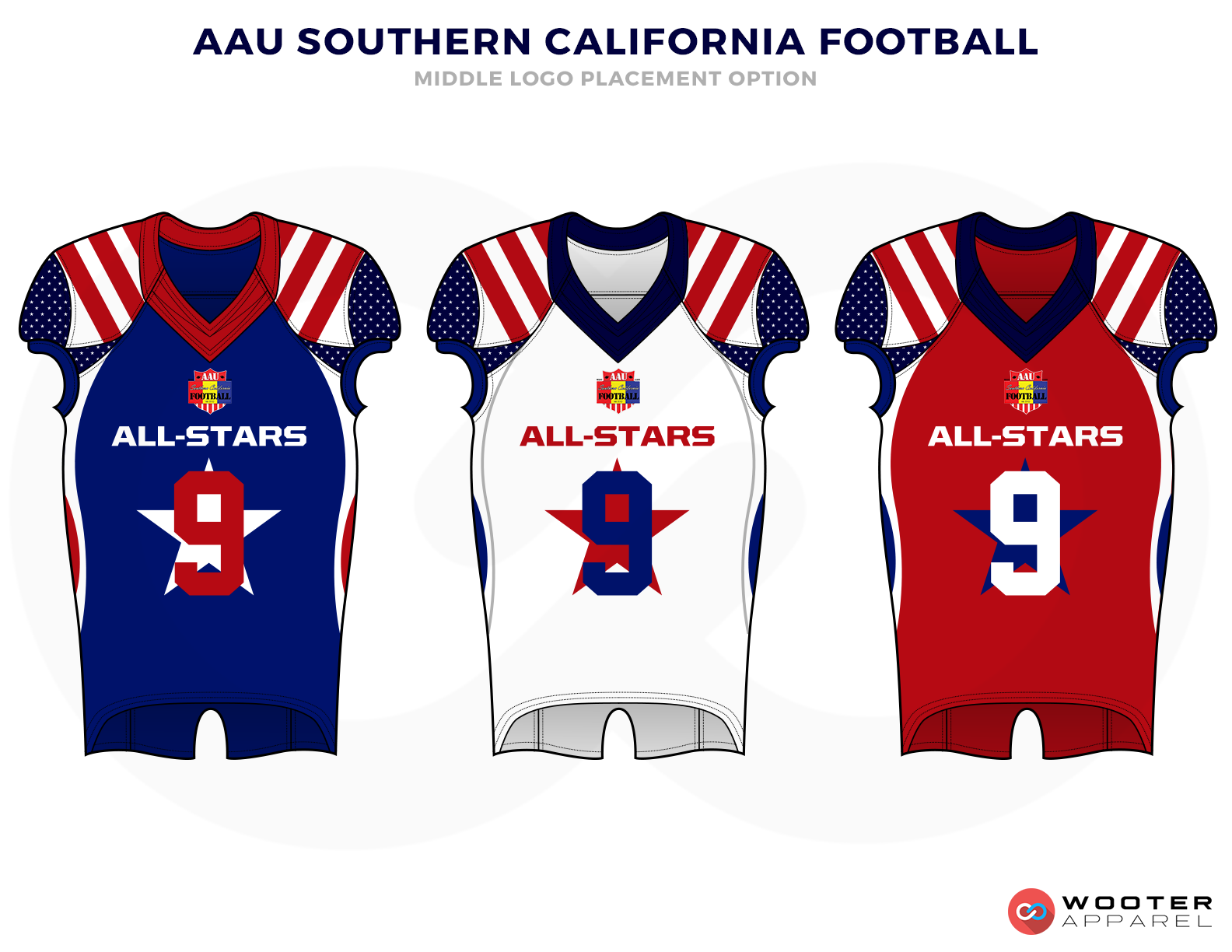 AAU SOUTHERN CALIFORNIA FOOTBALL Blue Red and White football uniforms jerseys top