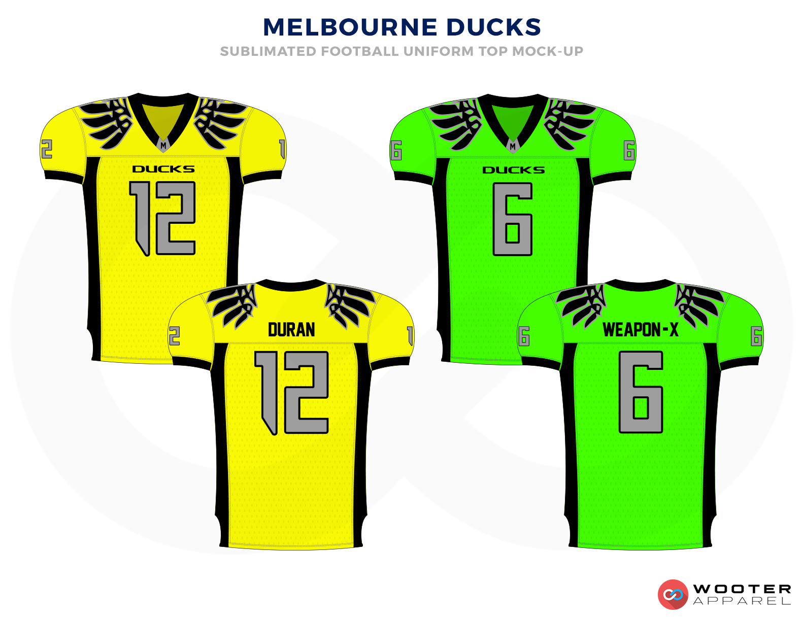 MELBOURNE DUCKS Yellow Grey Green and Black Football Uniforms, Jerseys.