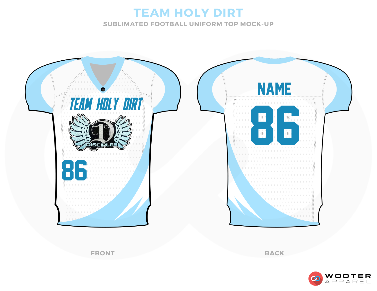 TEAM HOLY DIRT Sky Blue White and Black Football Uniforms, Jerseys.