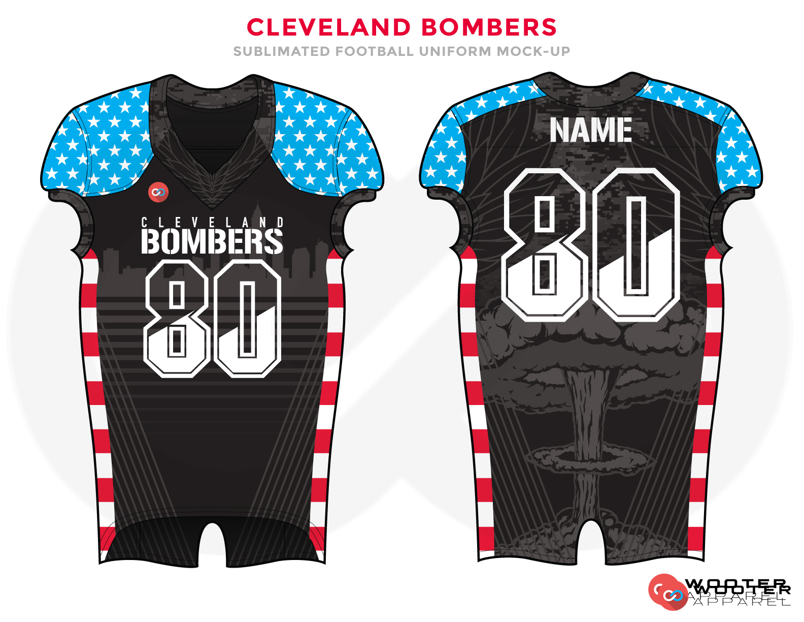 CLEVELAND BOMBERS Black White Red and Blue football uniforms jerseys shirts