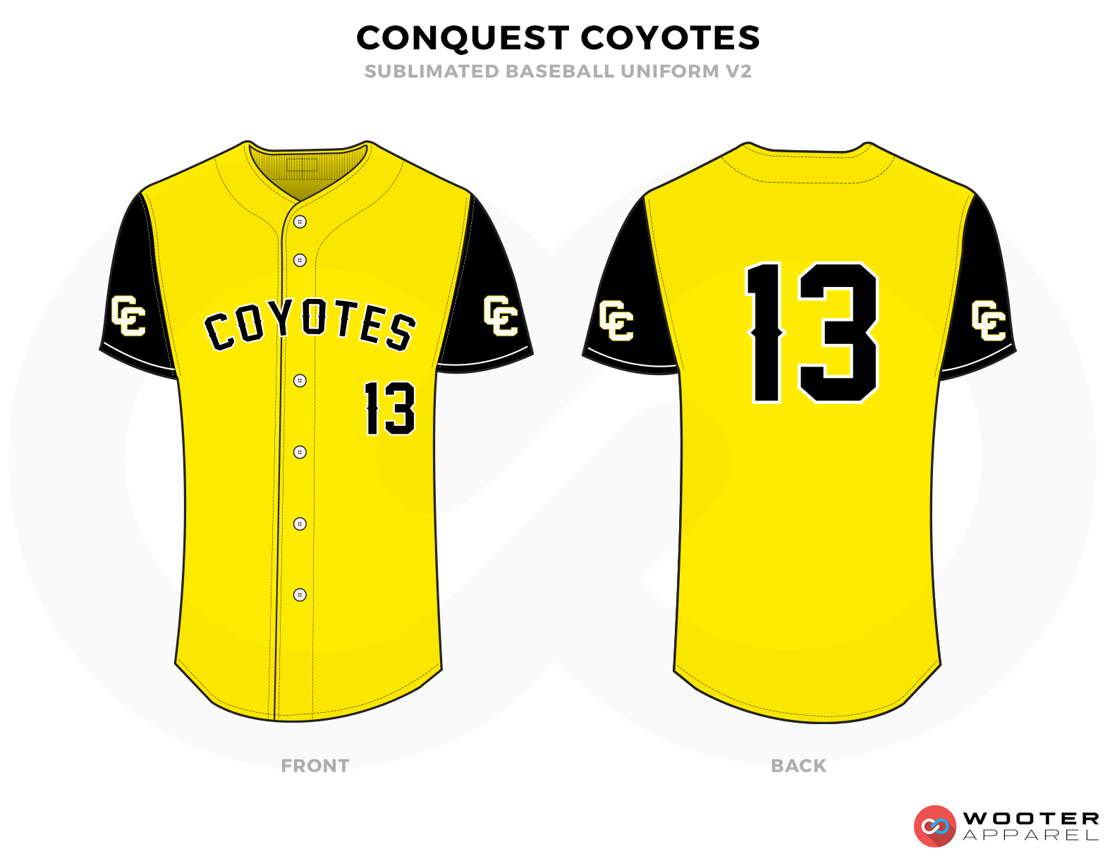 CONQUEST COYOTES Yellow Black and White Baseball Uniforms, Shirts