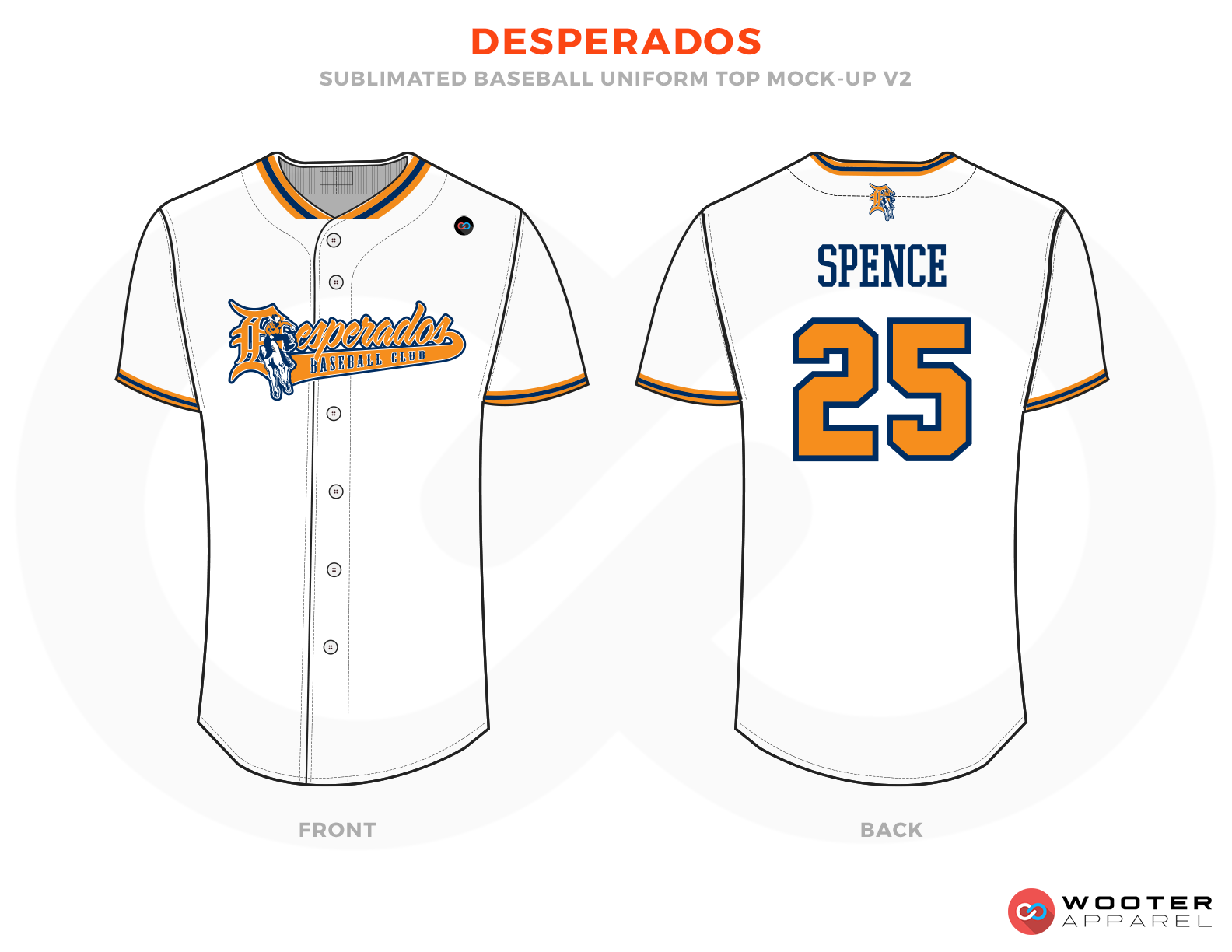 DESPERADOS White Orange and Blue Baseball Uniforms, Shirts