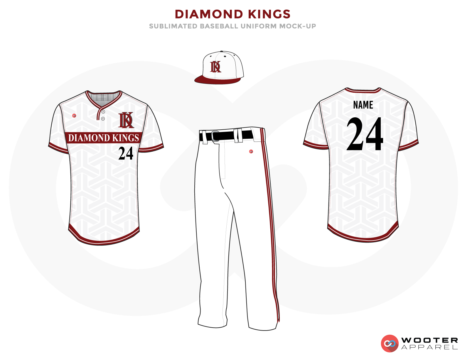 DIAMOND KINGS White, Black and Red Baseball Uniforms, Shirt, Cap and Pants
