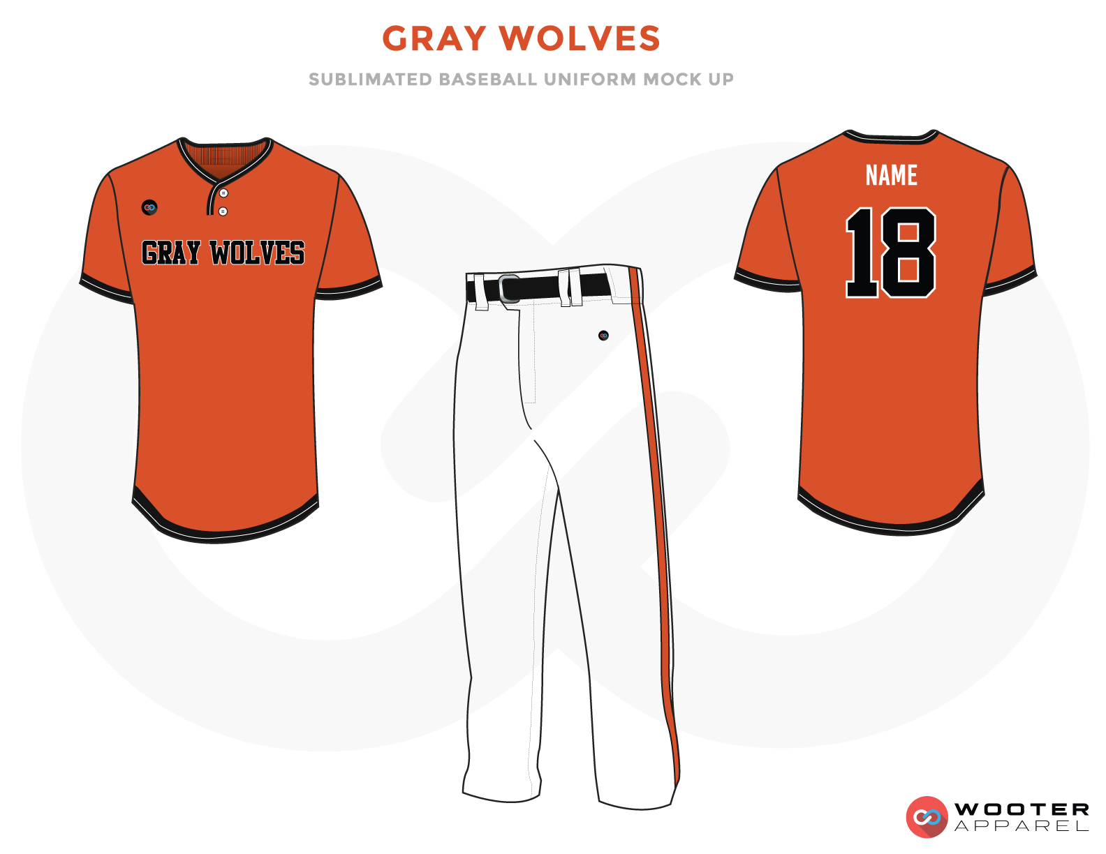 GRAY WOLVES Orange Black and White Baseball Uniforms, Shirt and Pants