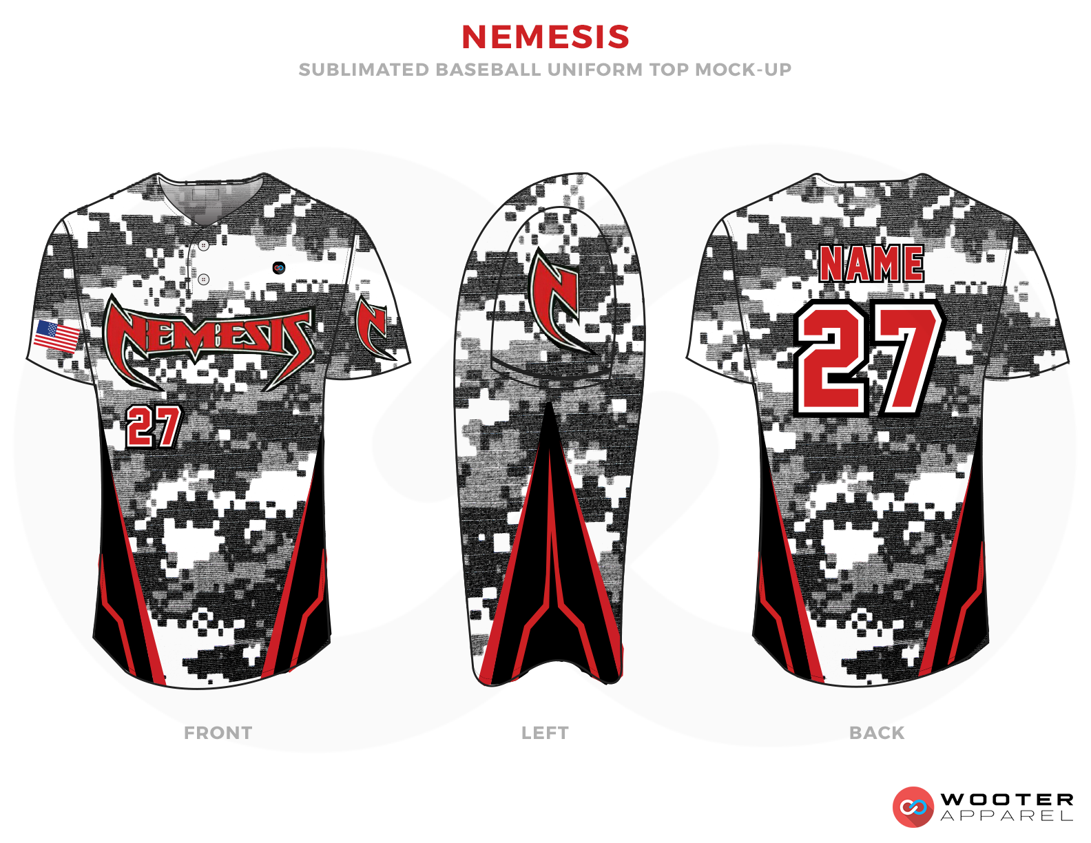 NEMESIS Black Gray White and Red Baseball Uniform, Shirt