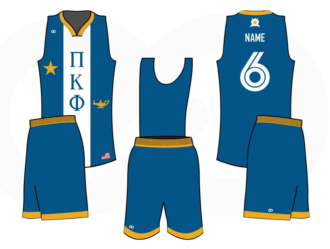 Blue white yellow Frat Uniform jerseys, shorts