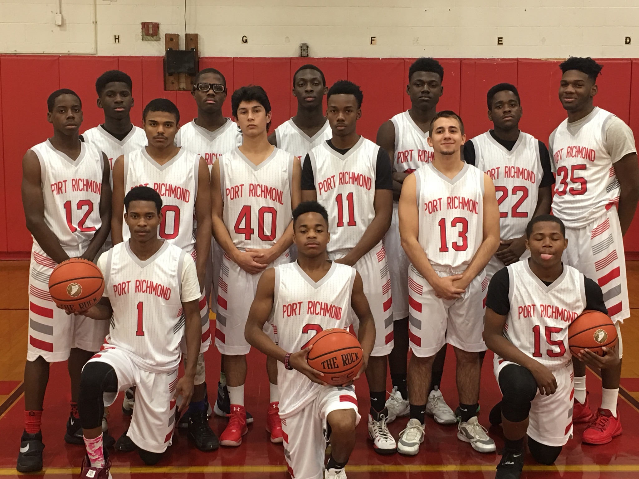 PORT RICHMOND white red School basketball uniforms jerseys tops, shorts