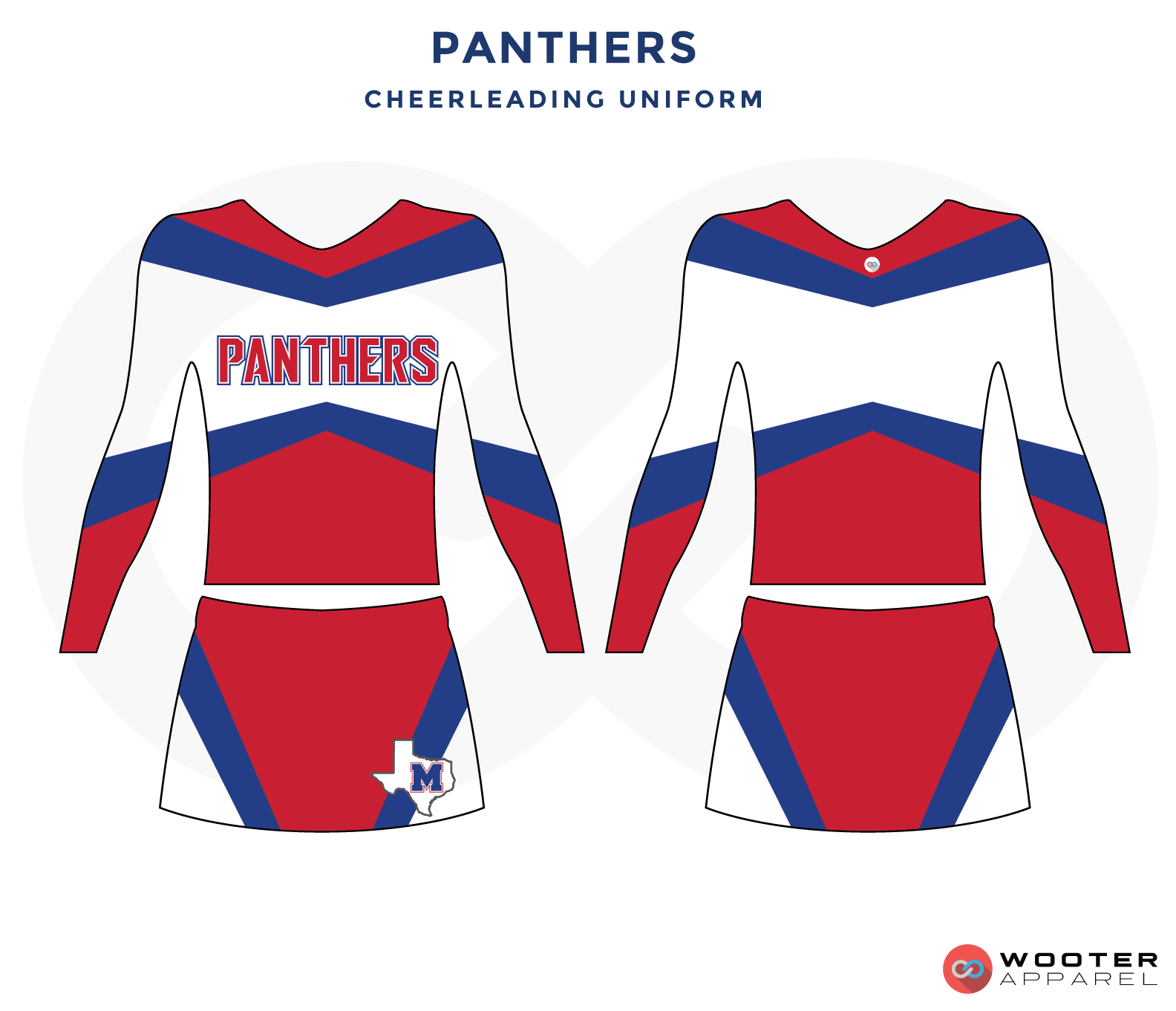PANTHERS red white blue cheerleading uniforms, top, and skirt