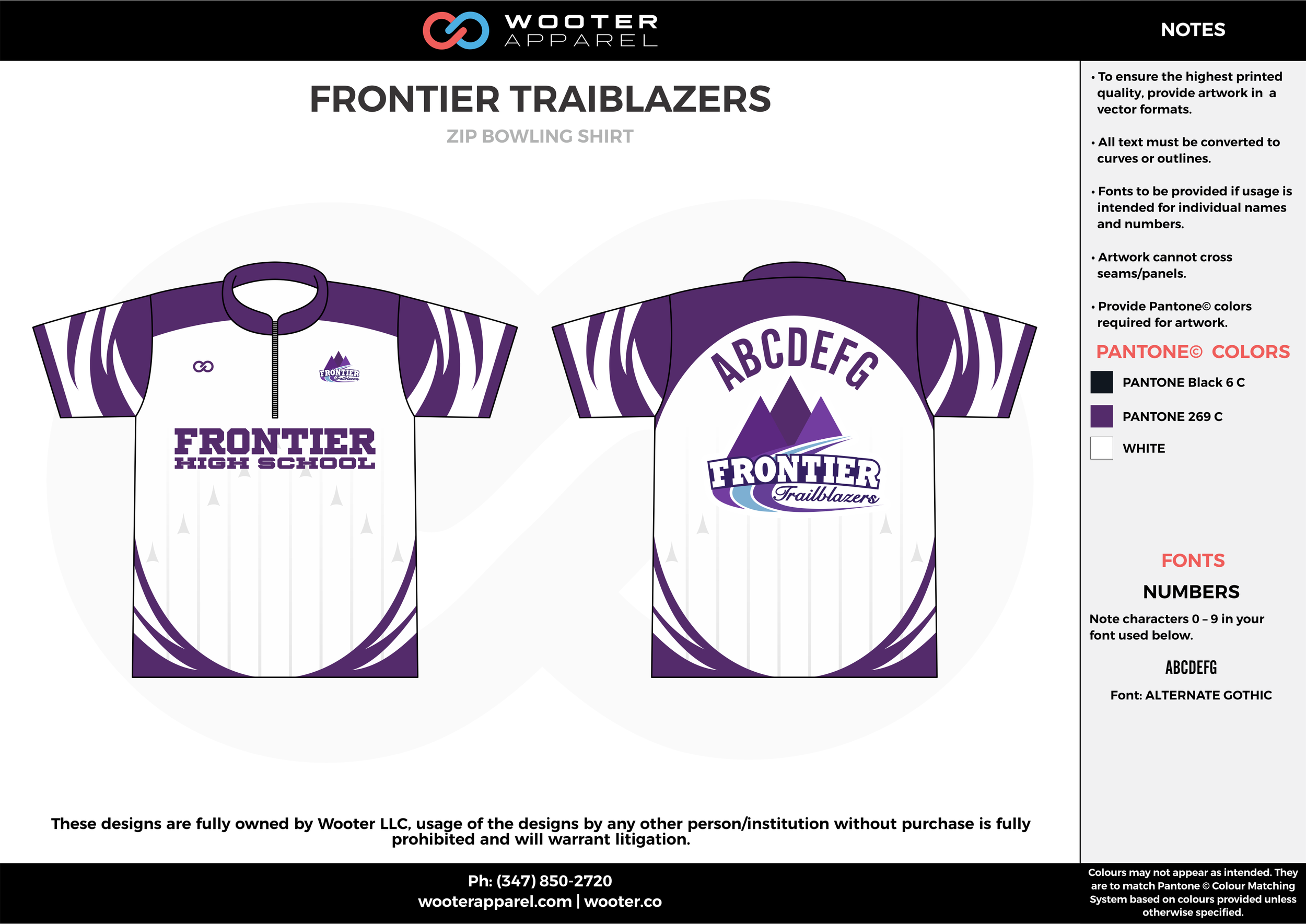 FRONTIER TRAIBLAZERS violet white bowling uniforms, shirts, quarter zip polo