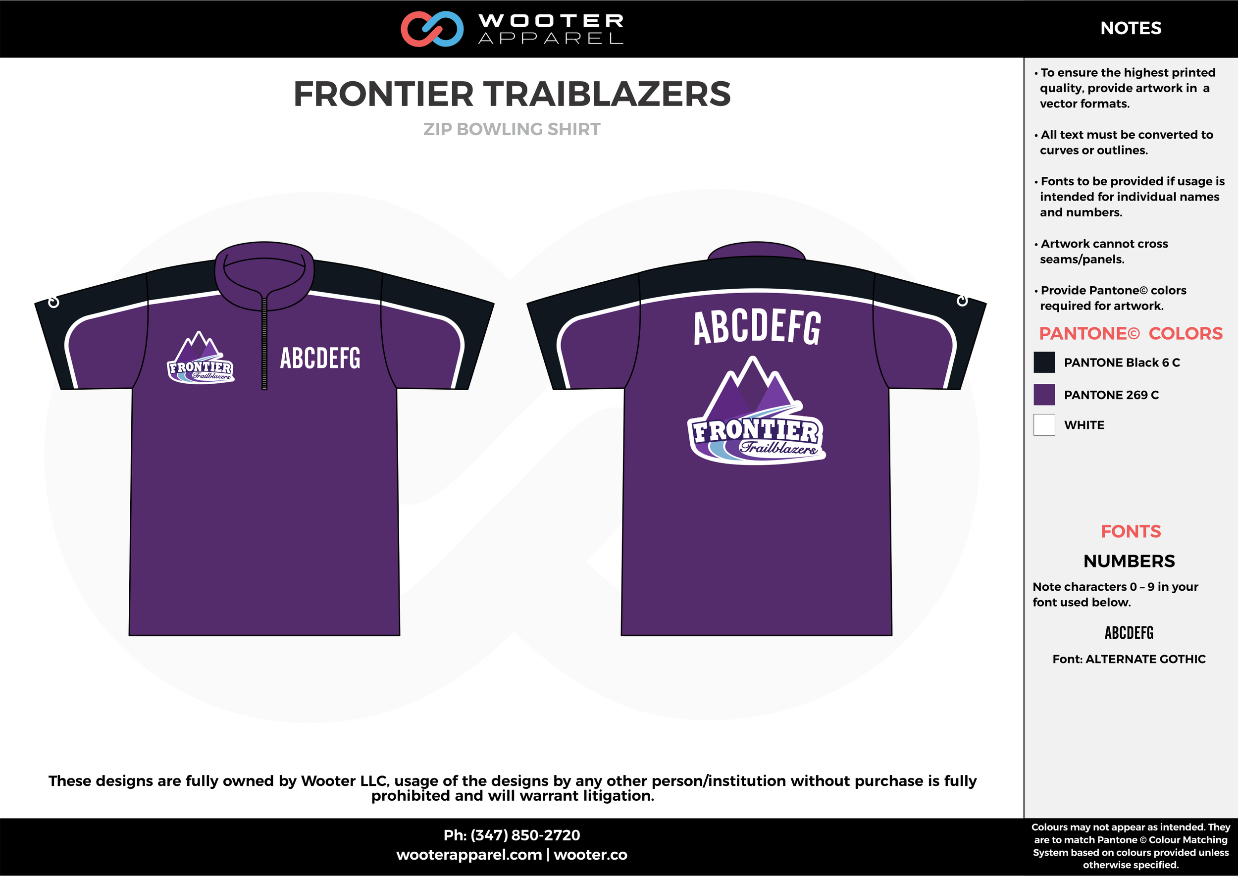 FRONTIER TRAIBLAZERS violet black white bowling uniforms, shirts, quarter zip polo