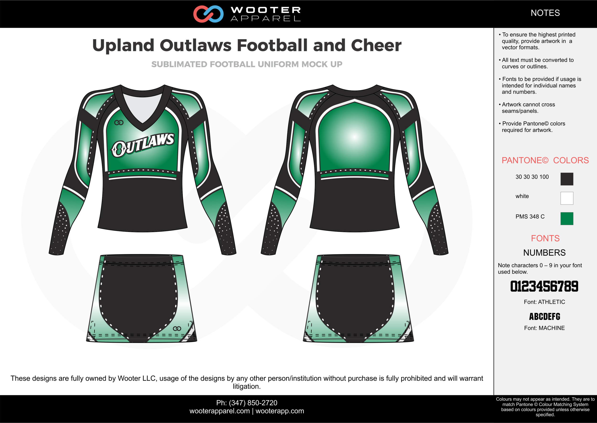 Upland Outlaws Football and Cheer green black white cheerleading uniforms, top, and skirt