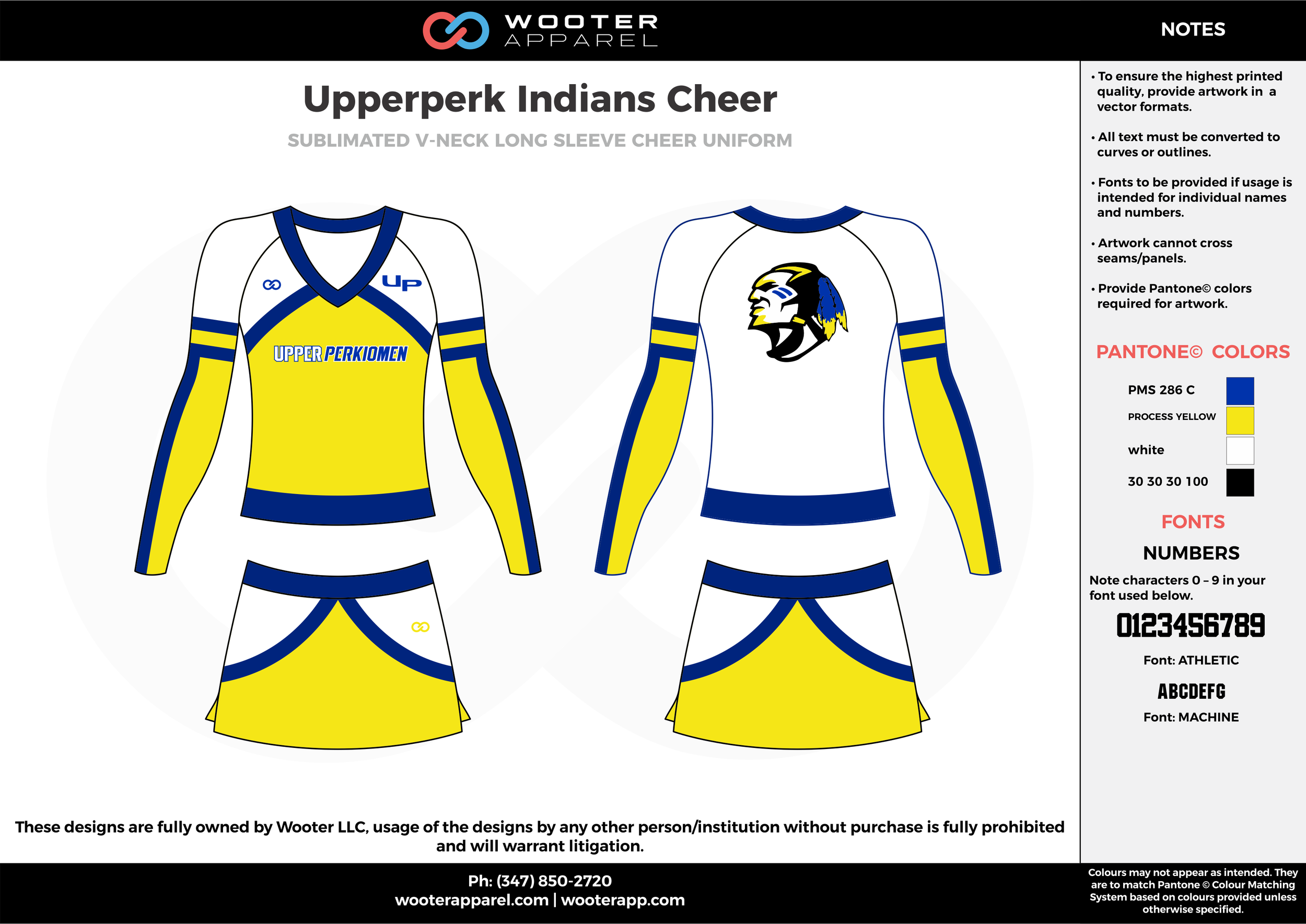 Upperperk Indians Cheer yellow white blue cheerleading uniforms, top, and skirt
