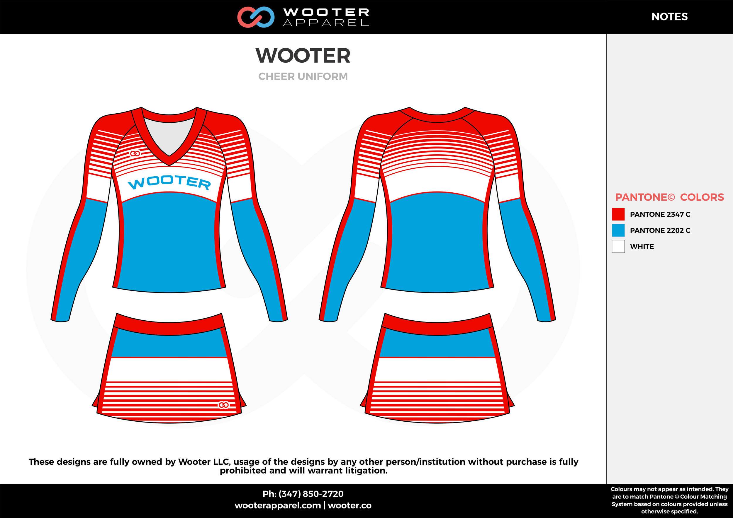 WOOTER red blue white cheerleading uniforms, top, and skirt