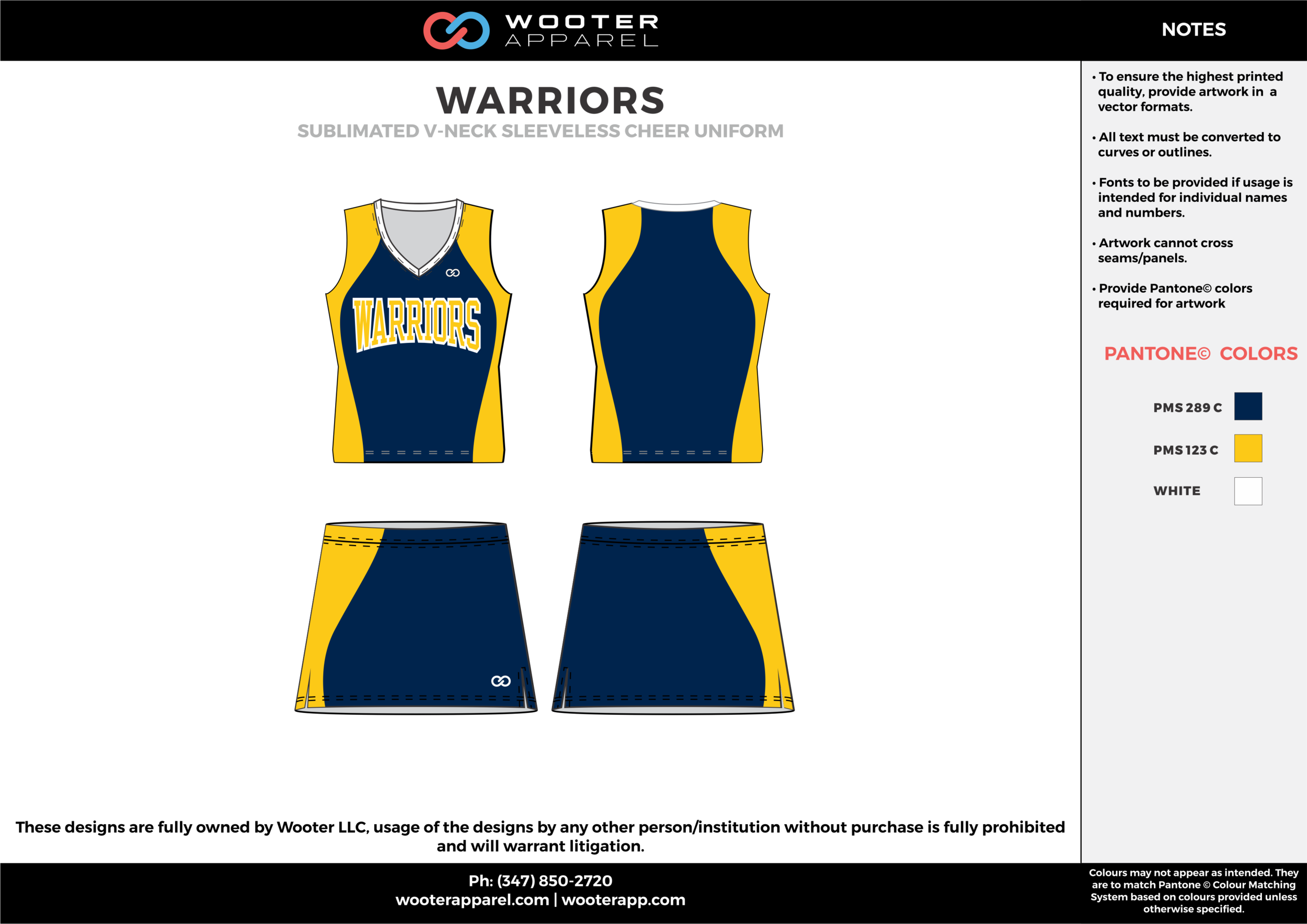 WARRIORS yellow navy blue cheerleading uniforms, top, and skirt