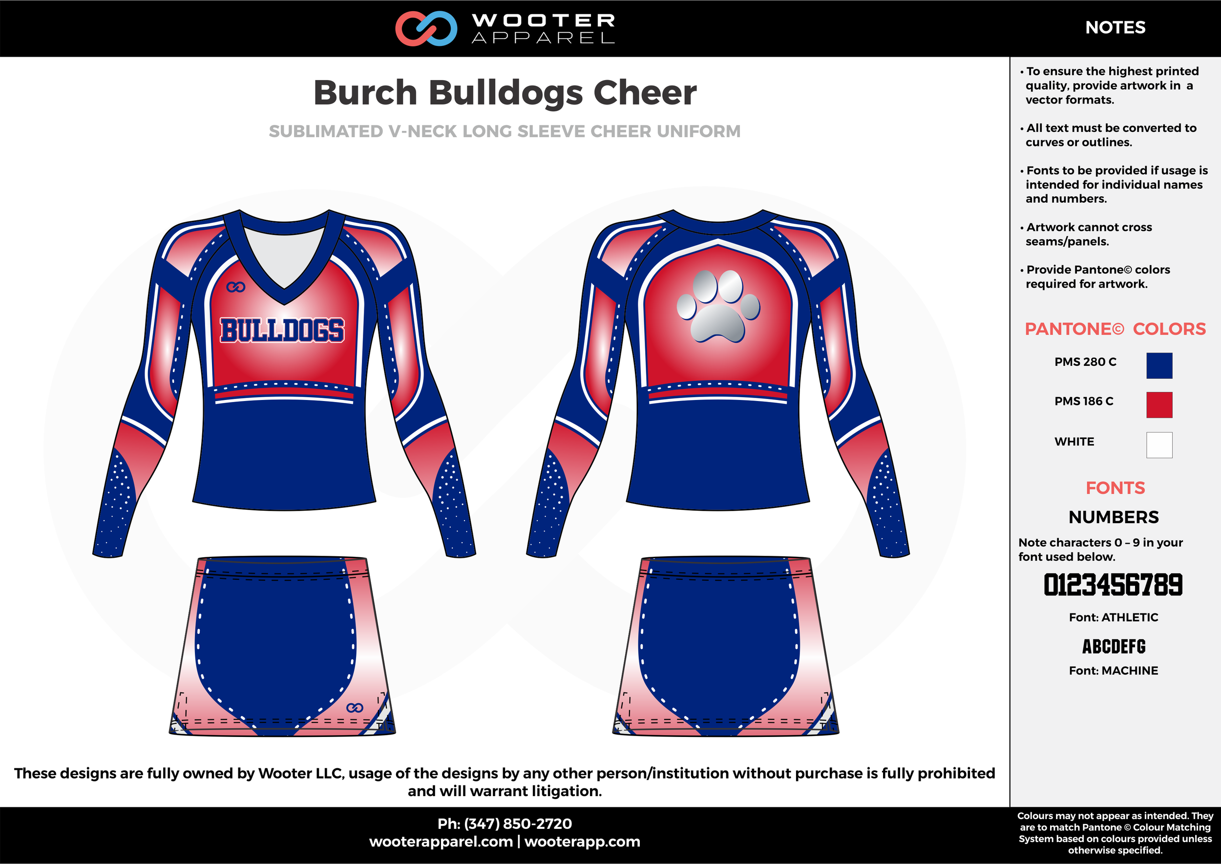 Burch Bulldogs Cheer red blue cheerleading uniforms, top, and skirt