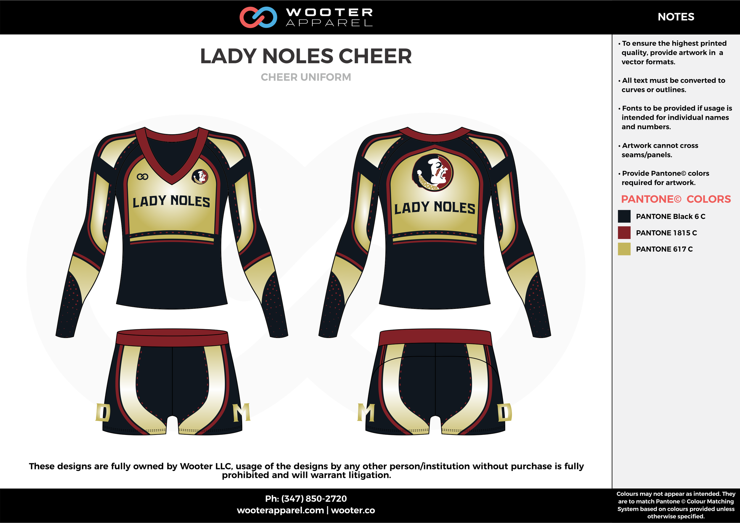 LADY NOLE CHEER black gold white cheerleading uniforms, top, and shorts