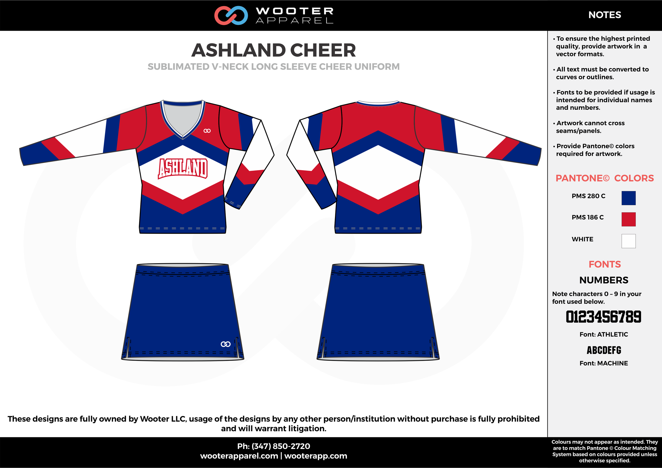 ASHLAND CHEER red blue white cheerleading uniforms, top, and skirt