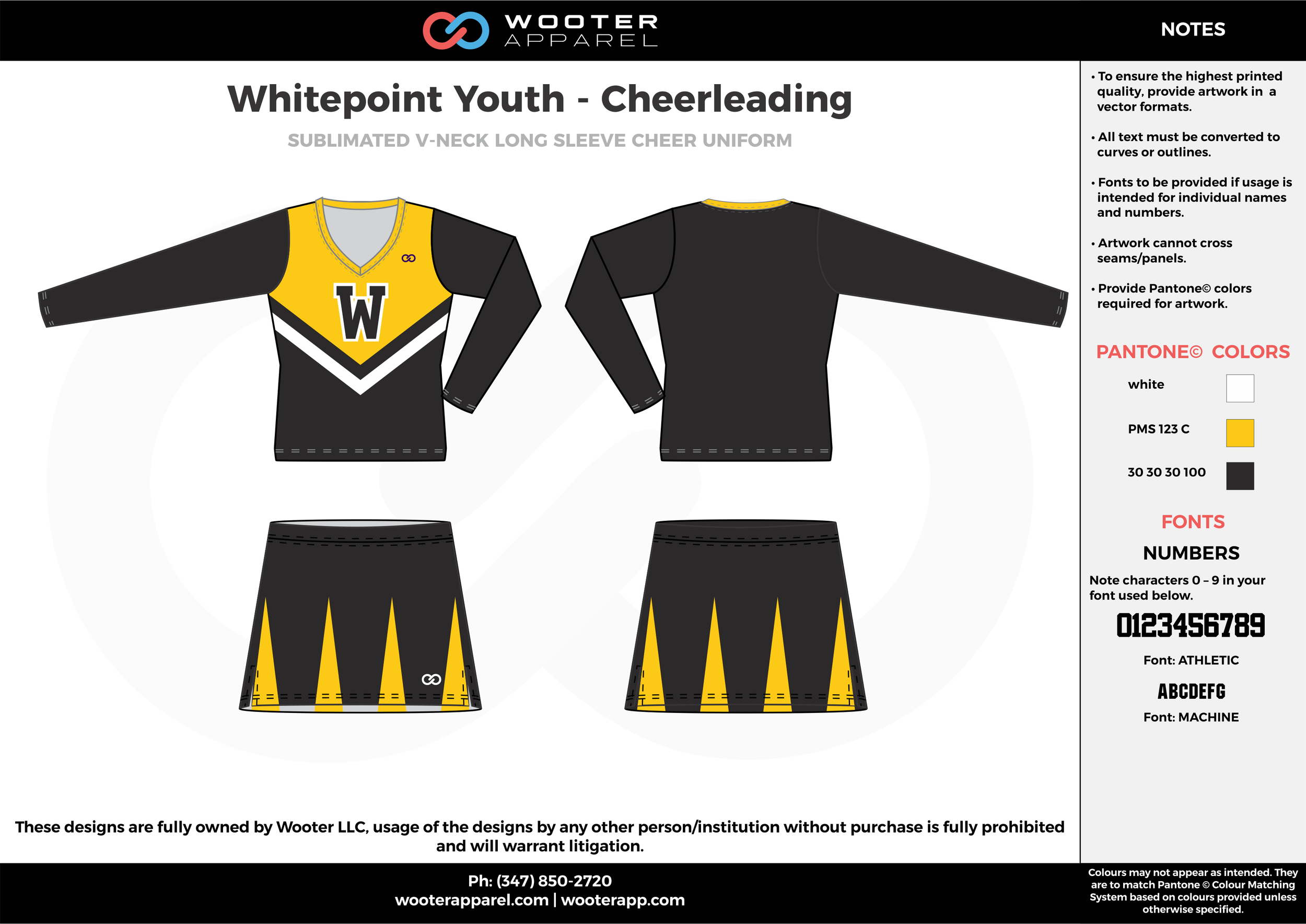 Whitepoint Youth yellow black white cheerleading uniforms, top, and skirt
