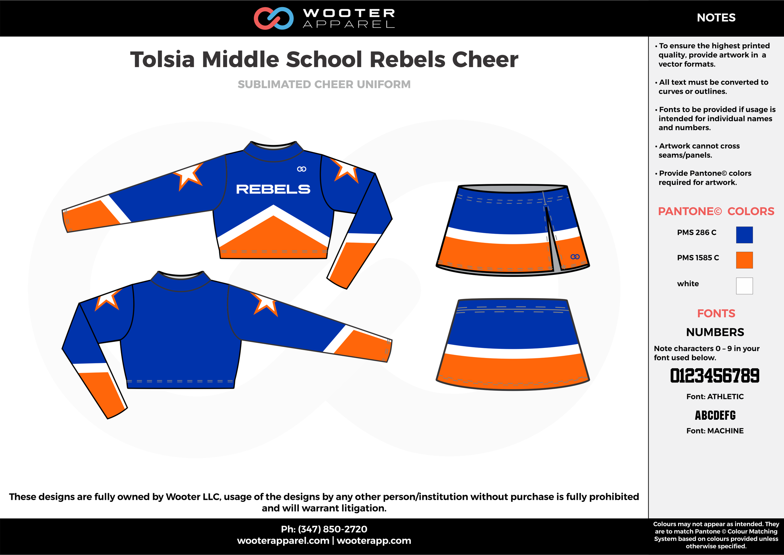 Tolsia Middle School Rebels Cheer blue orange white cheerleading uniforms, top, and skirt