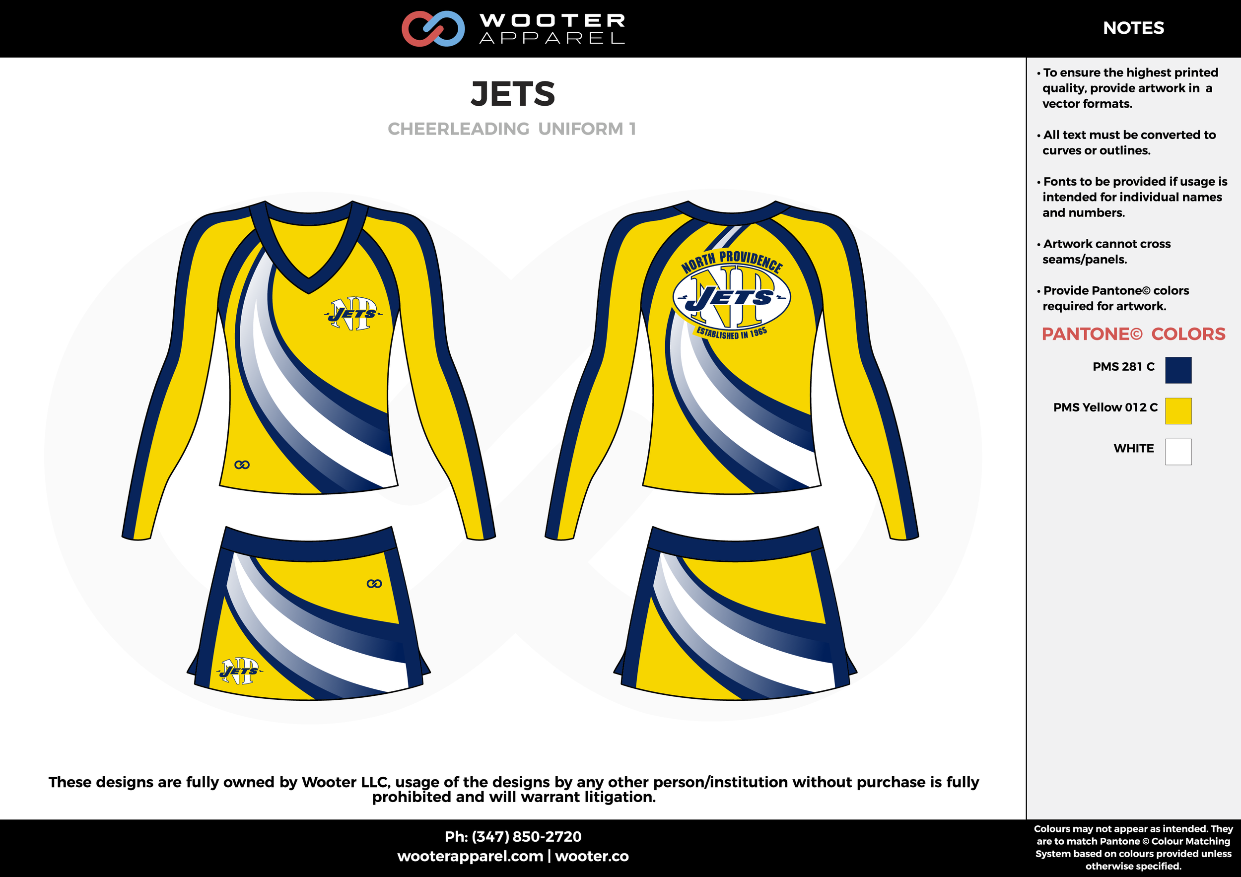 JETS yellow blue white cheerleading uniforms, top, and skirt