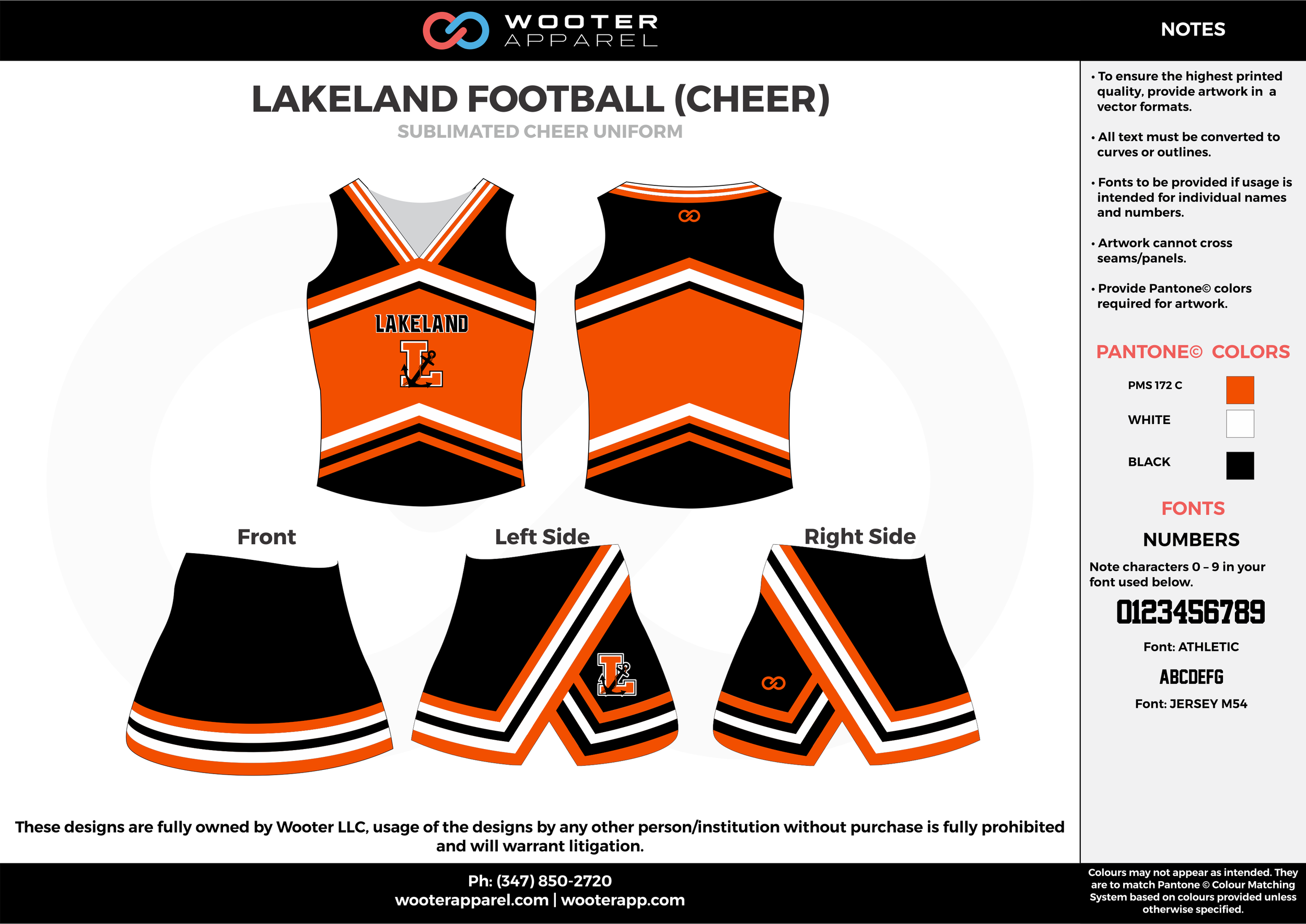 LAKELAND FOOTBALL orange black cheerleading uniforms, top, and skirt