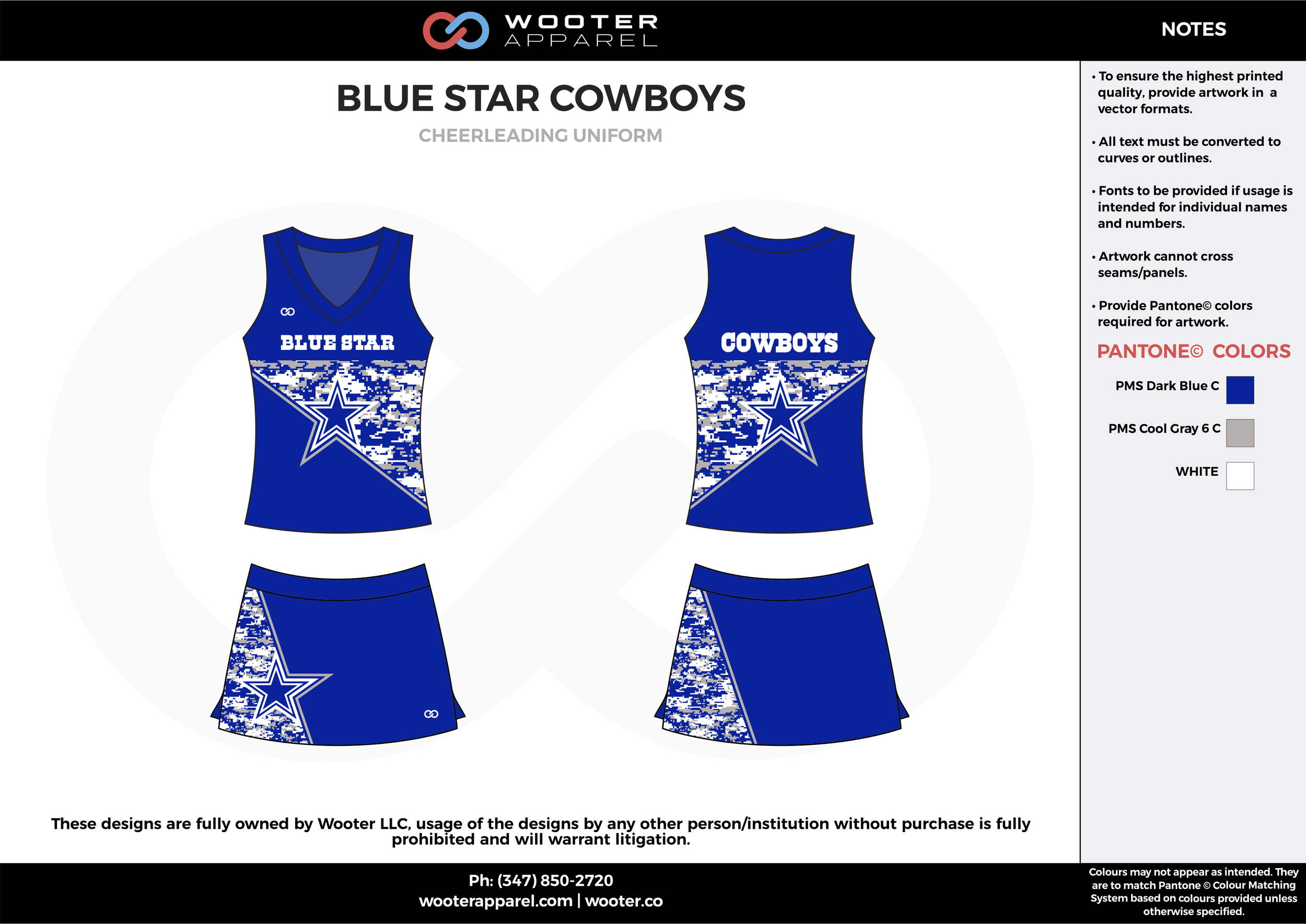 BLUE STAR COWBOYS blue white cheerleading uniforms, top, and skirt