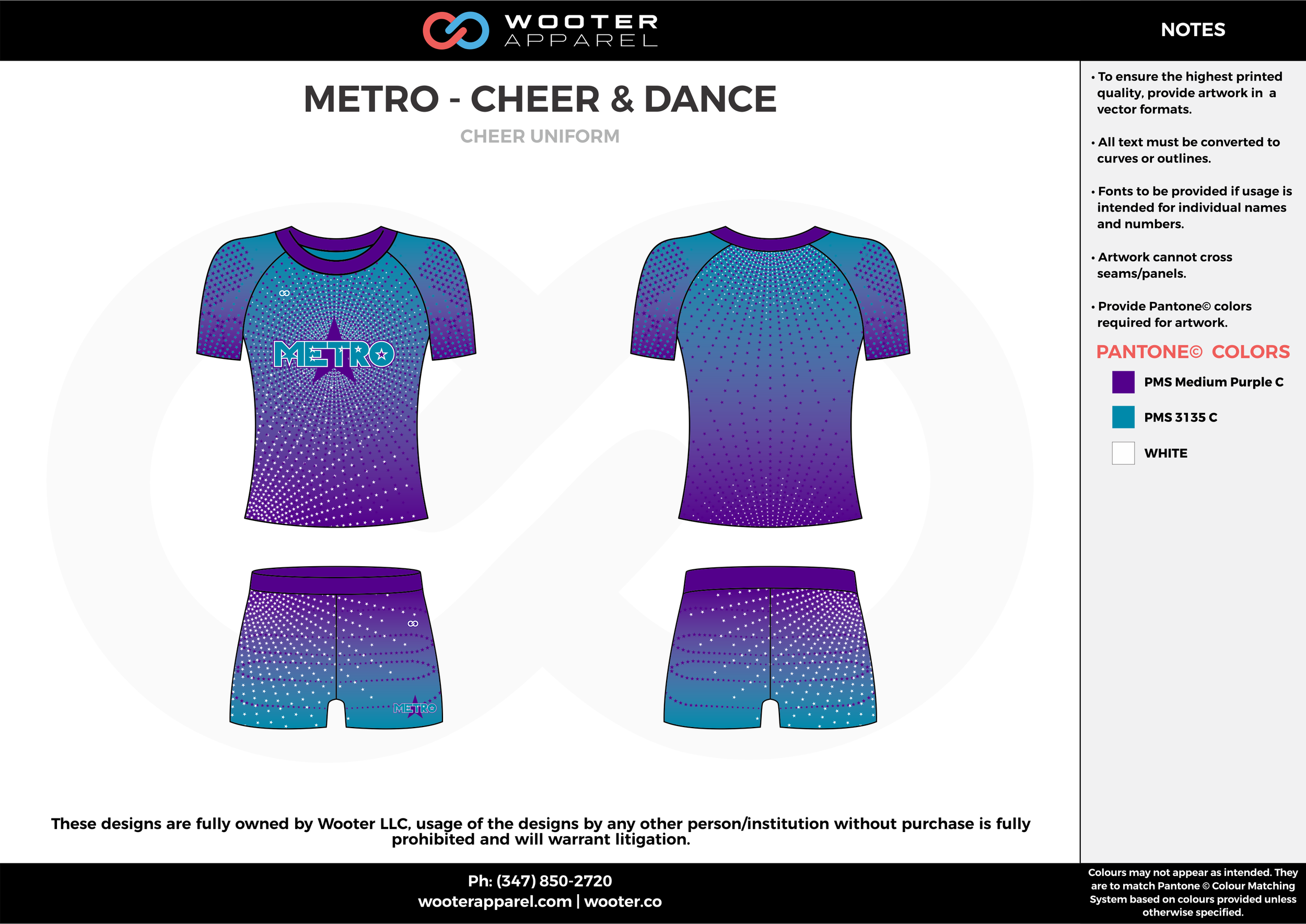 METRO-CHEER & DANCE blue violet cheerleading uniforms, top, and shorts