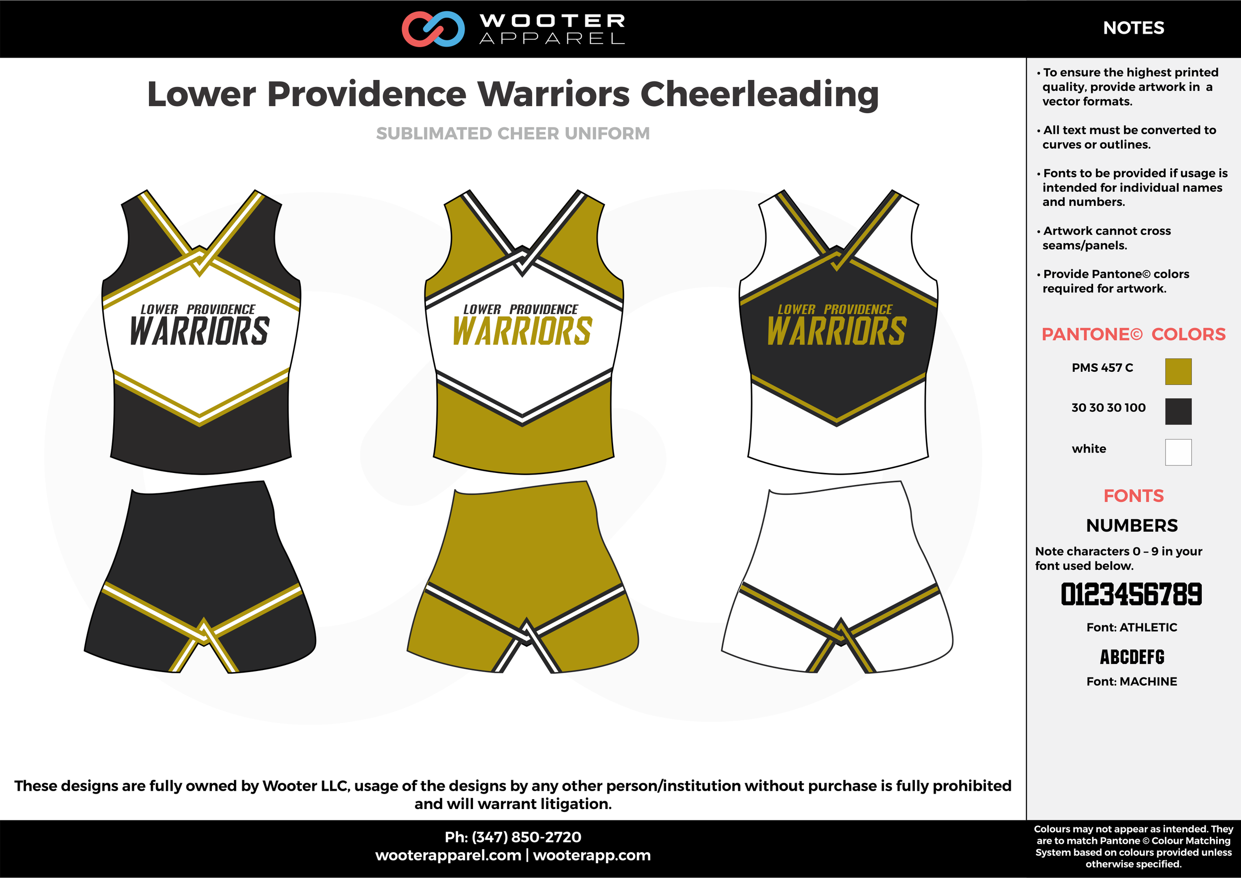 Lower Providence Warriors black white olive green cheerleading uniforms, top, and shorts