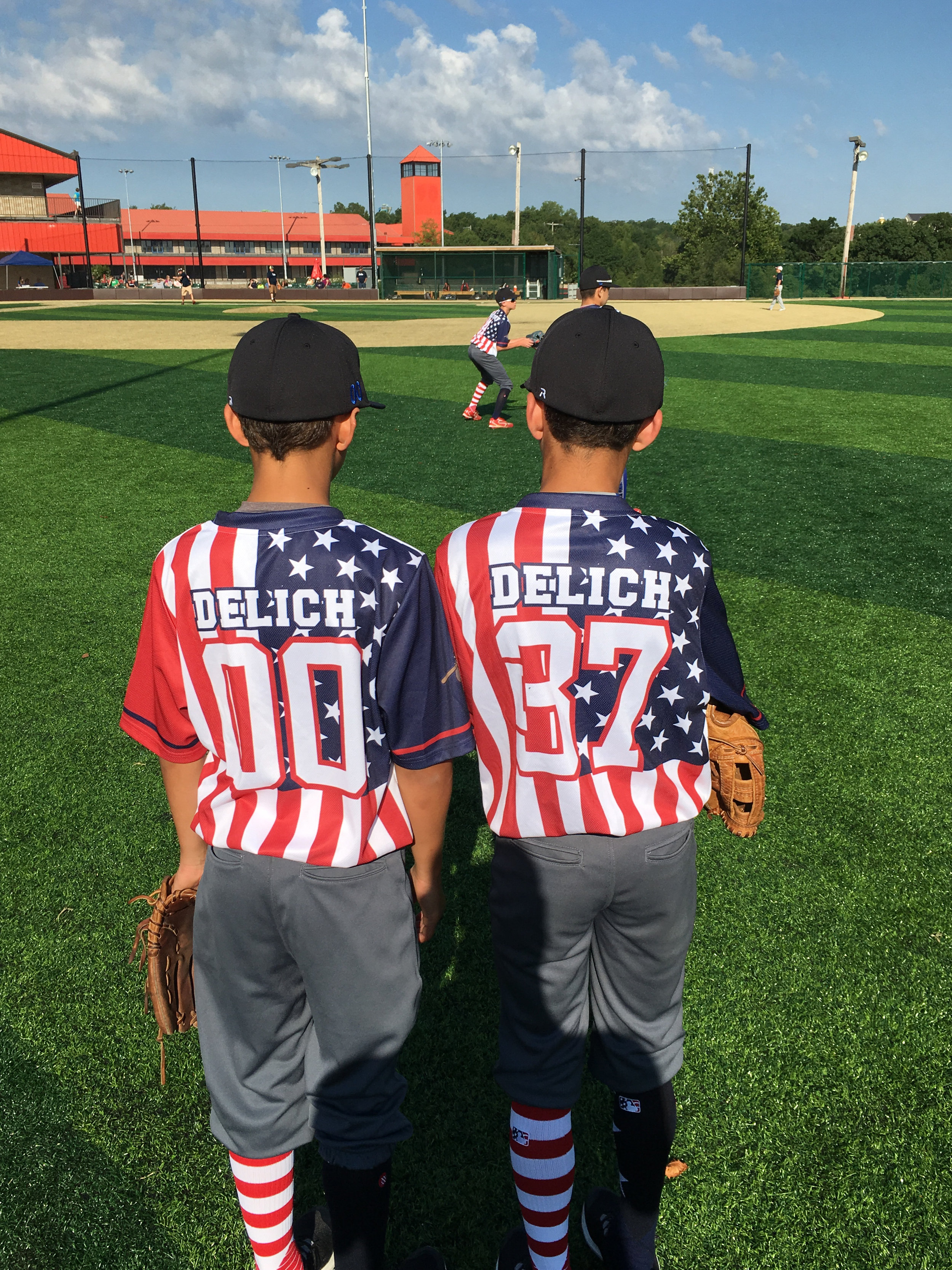 red white and blue baseball shirt