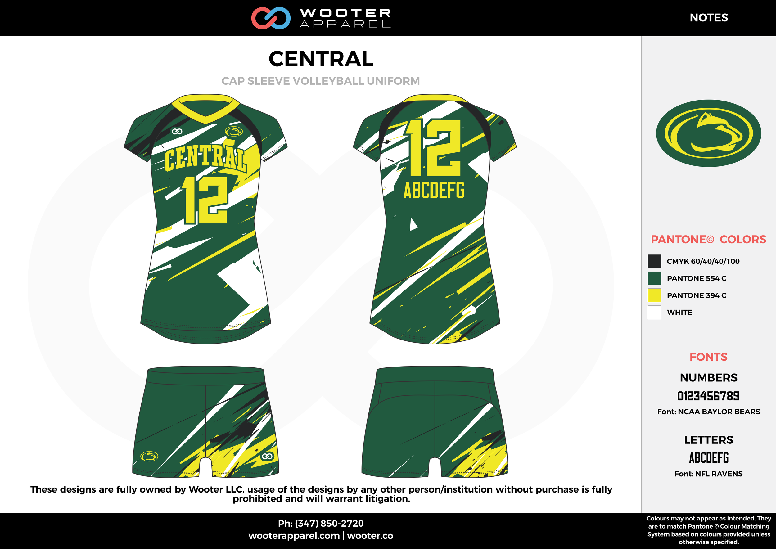 CENTRAL black green yellow white Volleyball Uniforms, Jerseys, Shorts