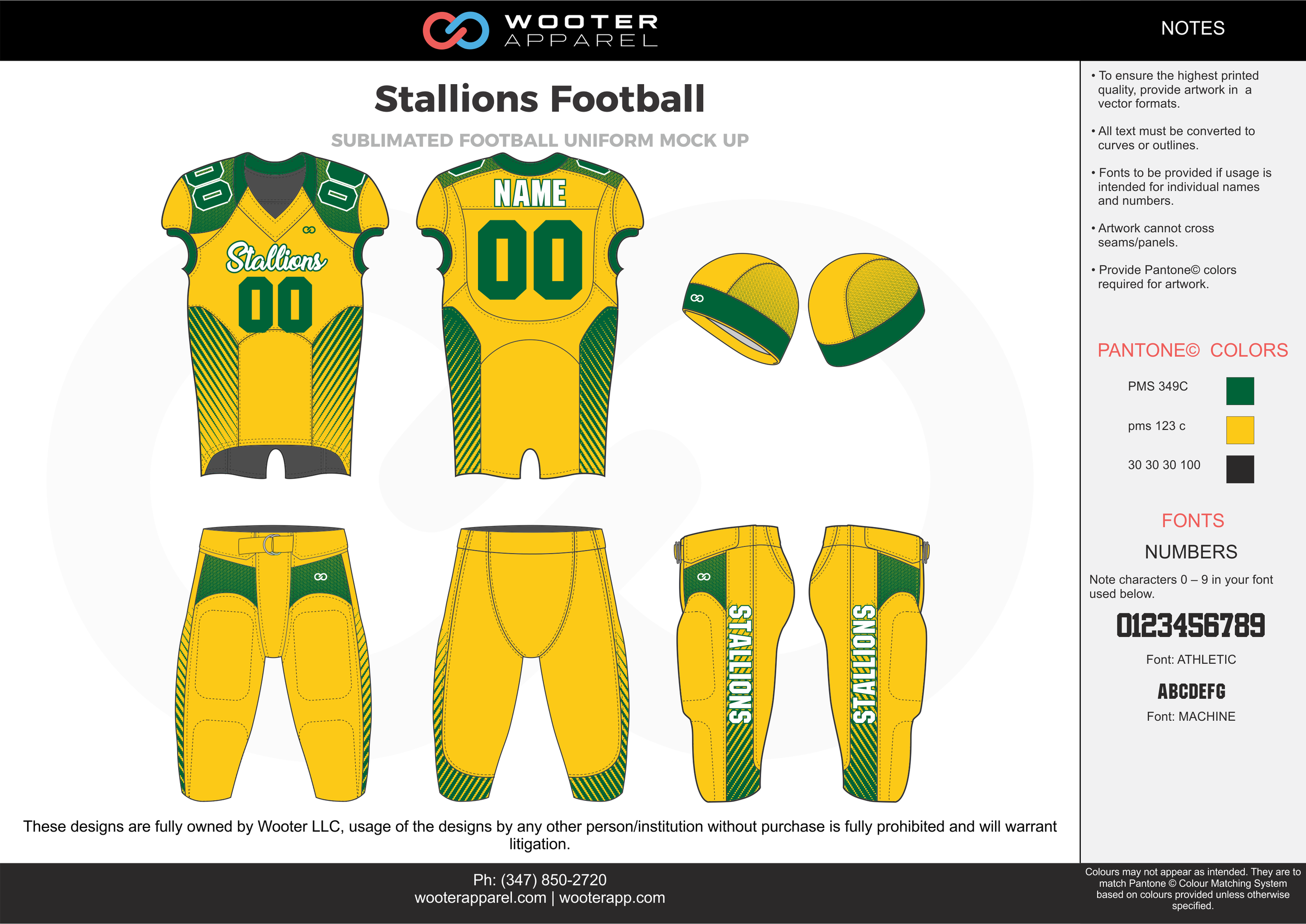 Stallions Football yellow green white football uniforms jerseys pants