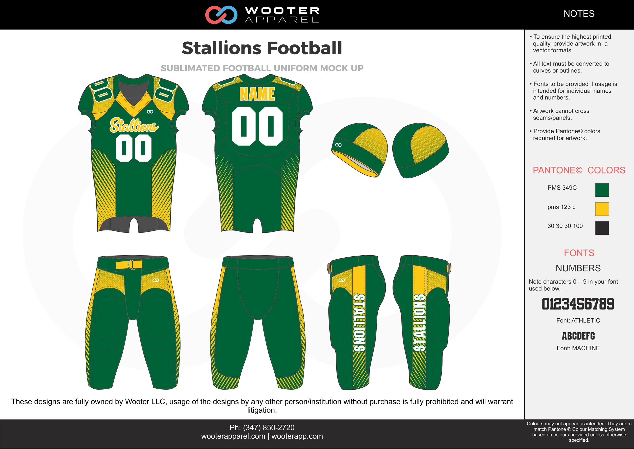 Stallions Football green yellow white football uniforms jerseys pants