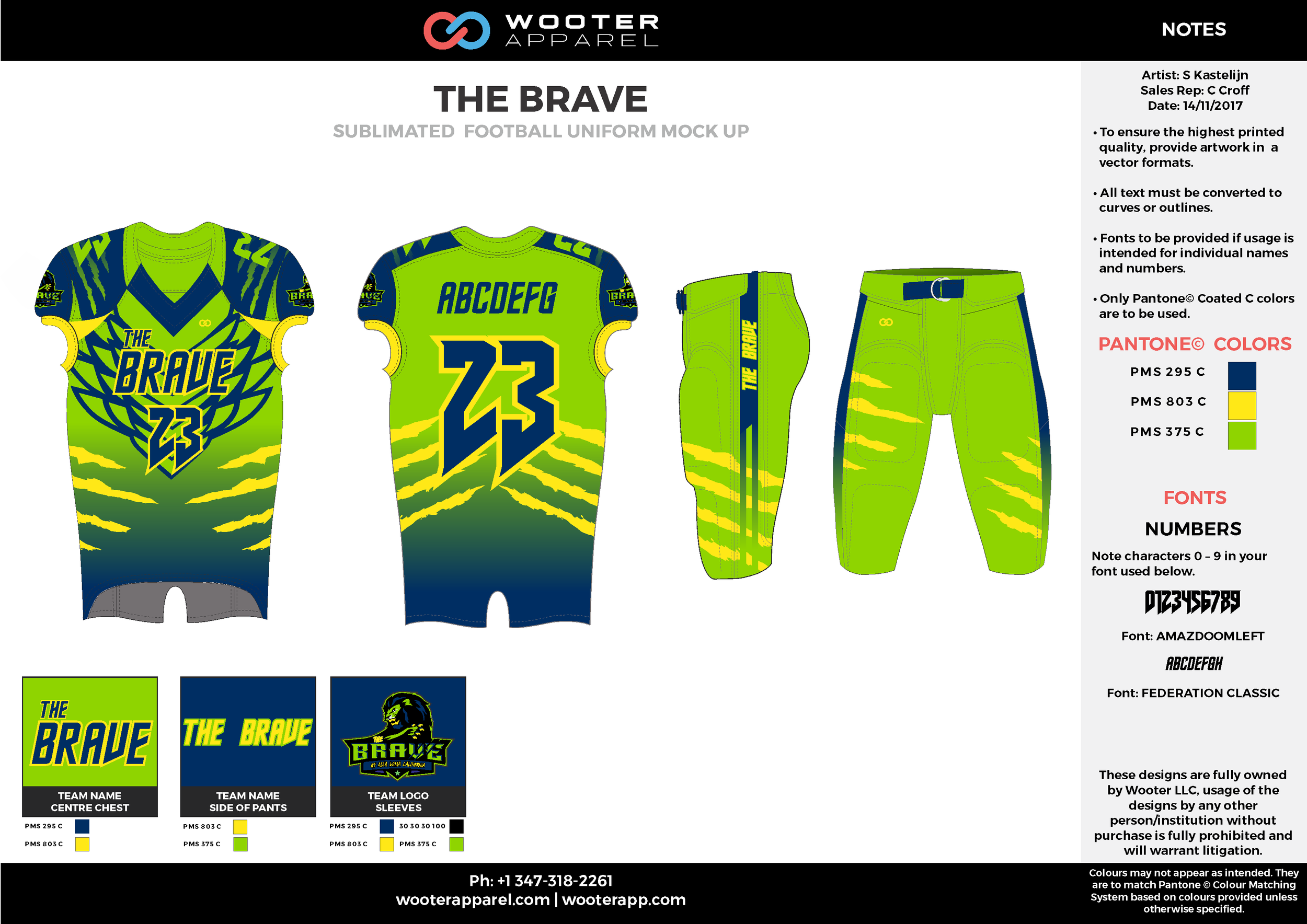 THE BRAVE green blue yellow football uniforms jerseys pants