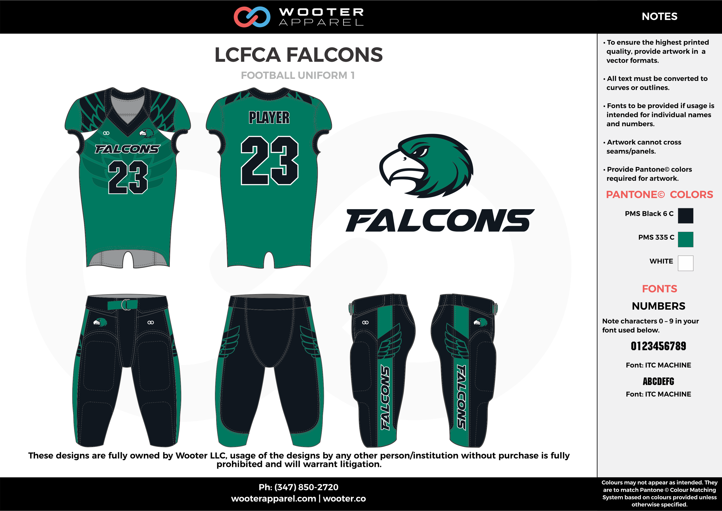 LCFCA FALCONS green black white football uniforms jerseys pants