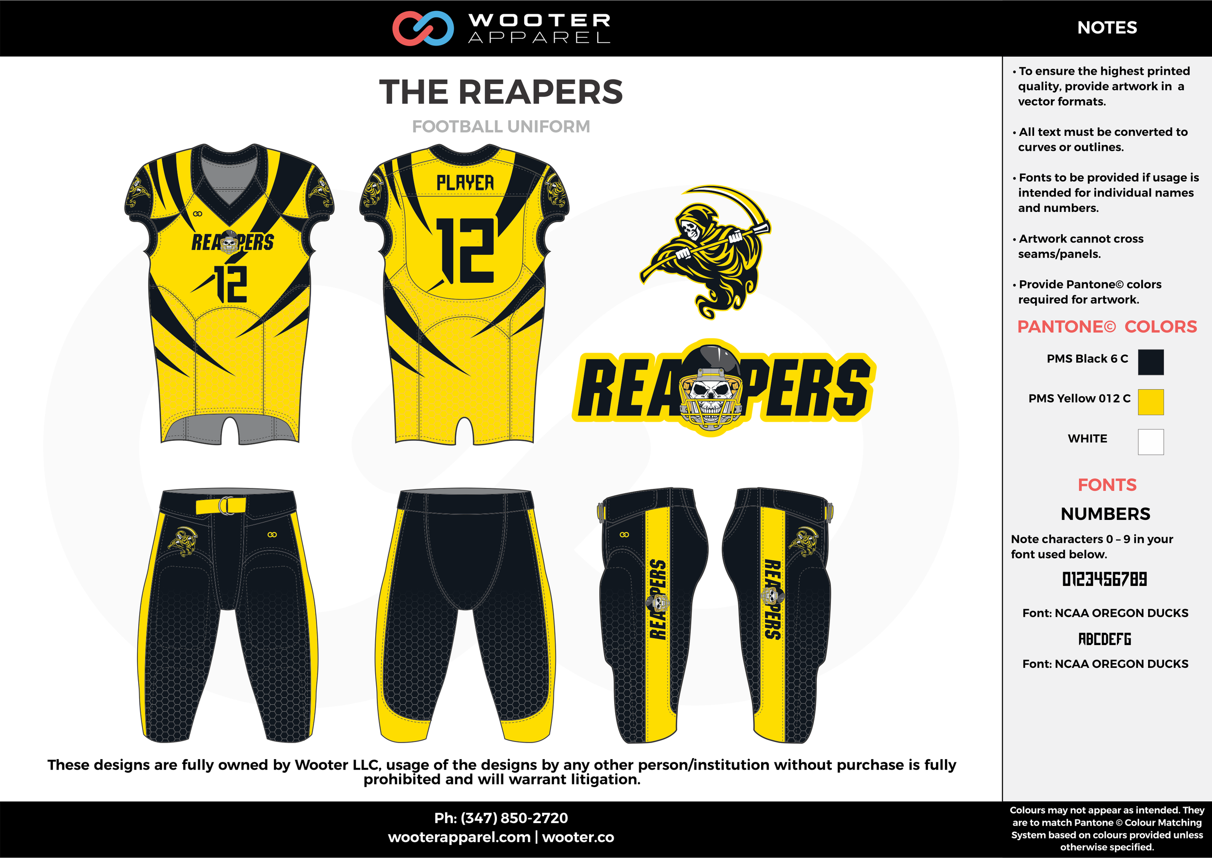 THE REAPERS yellow black white football uniforms jerseys pants