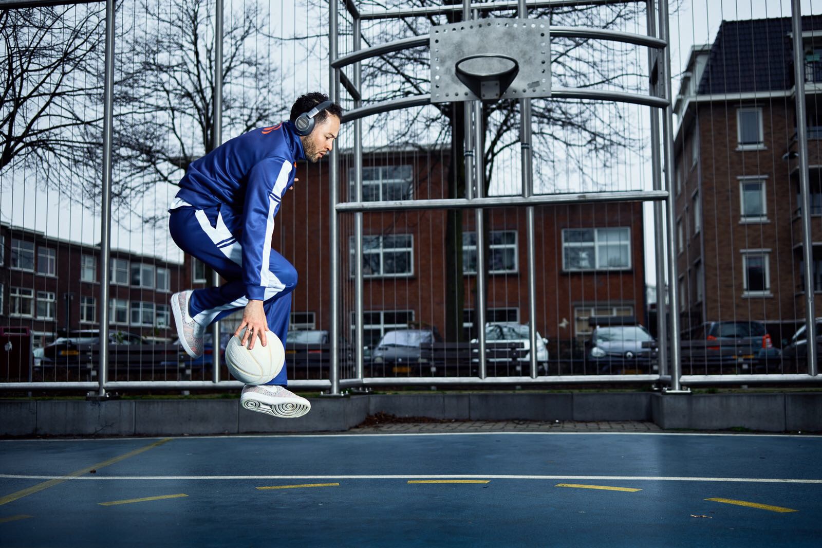 Blue and white basketball long sleeve jersey and pants