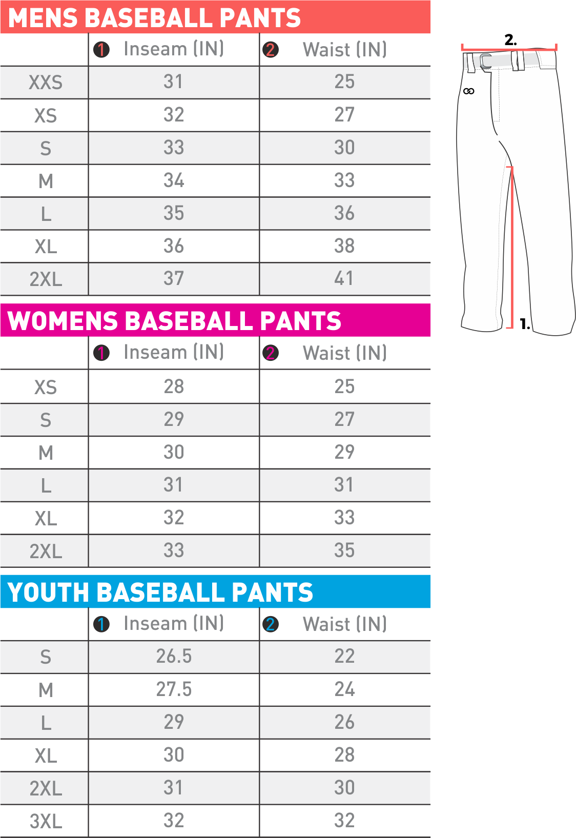 Mens Softball Pants Size Chart