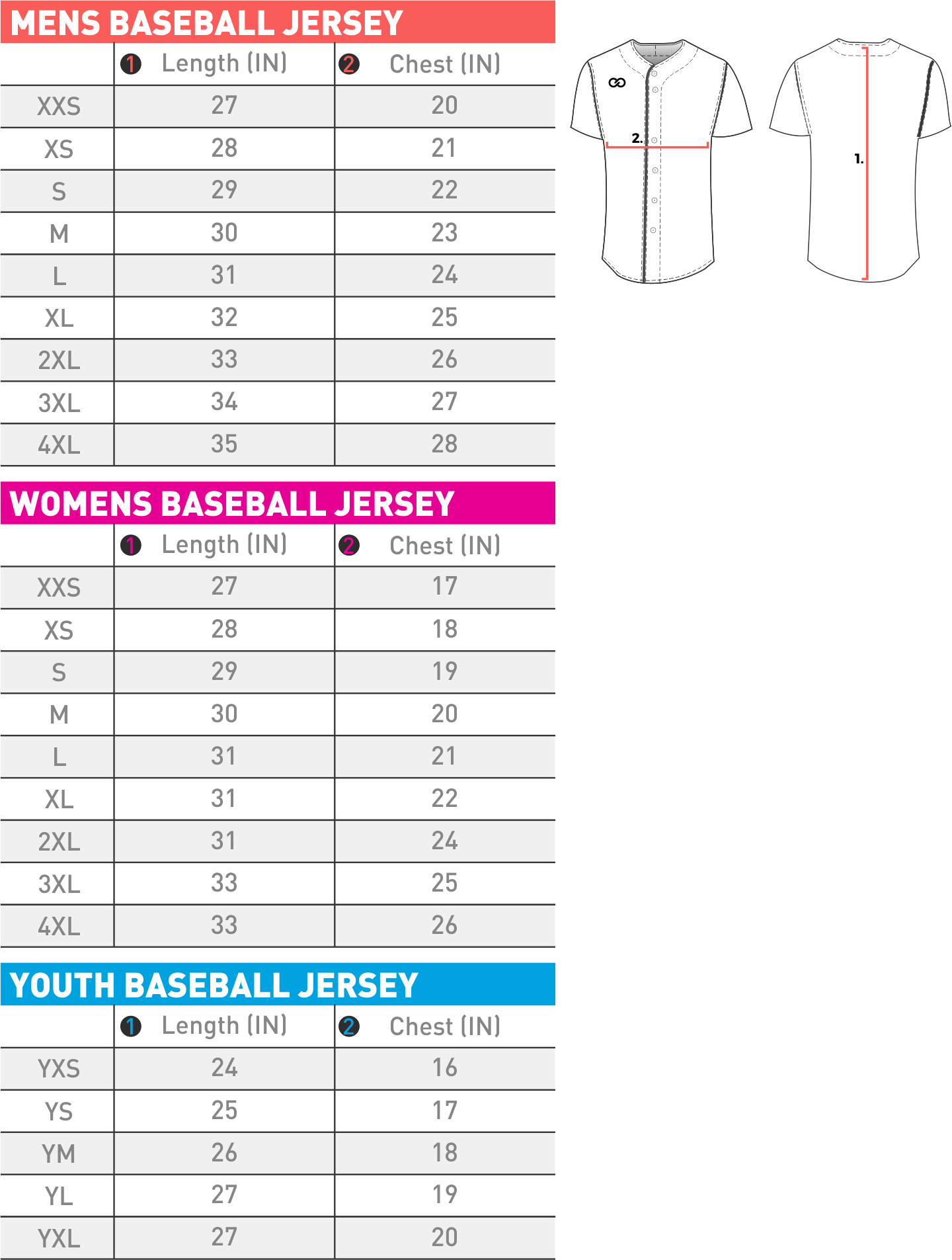 baseball jersey size chart