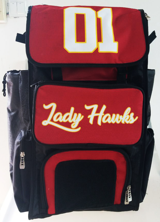 Lady Hawks Red Black White and Yellow Baseball Bag