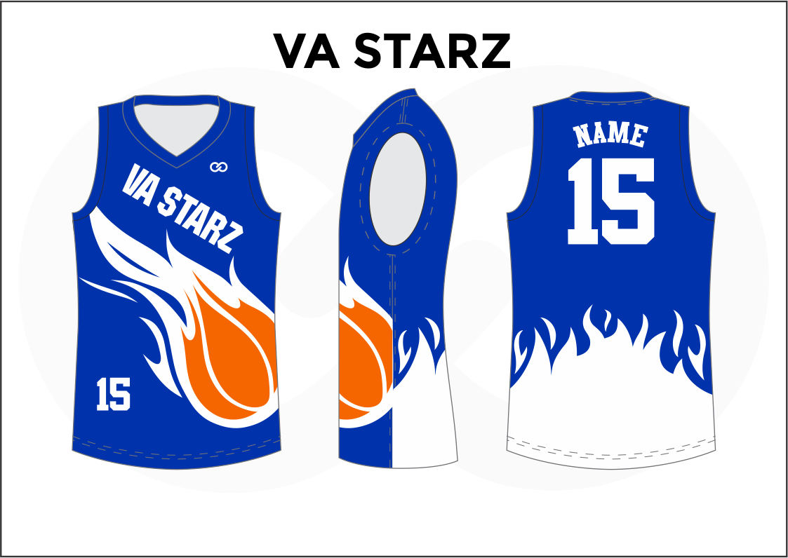 VA STARZ Blue White and Orange Kids Basketball Jerseys