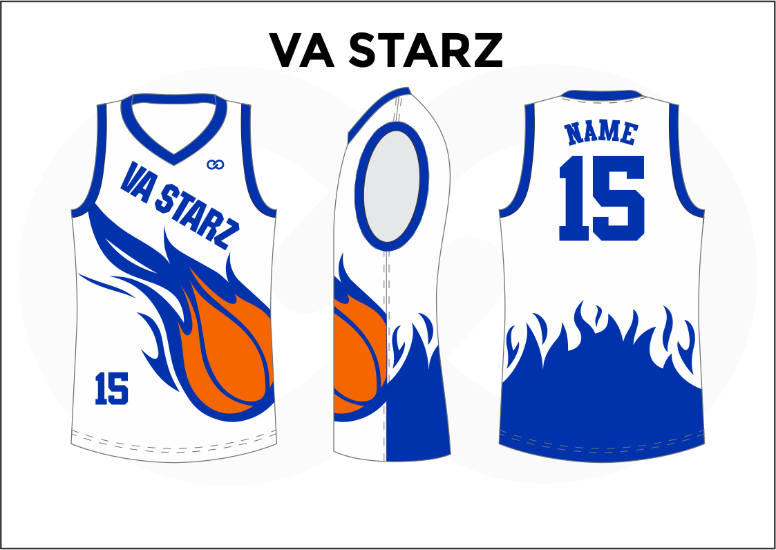 VA STARZ Blue White and Orange Kids Basketball Jerseys